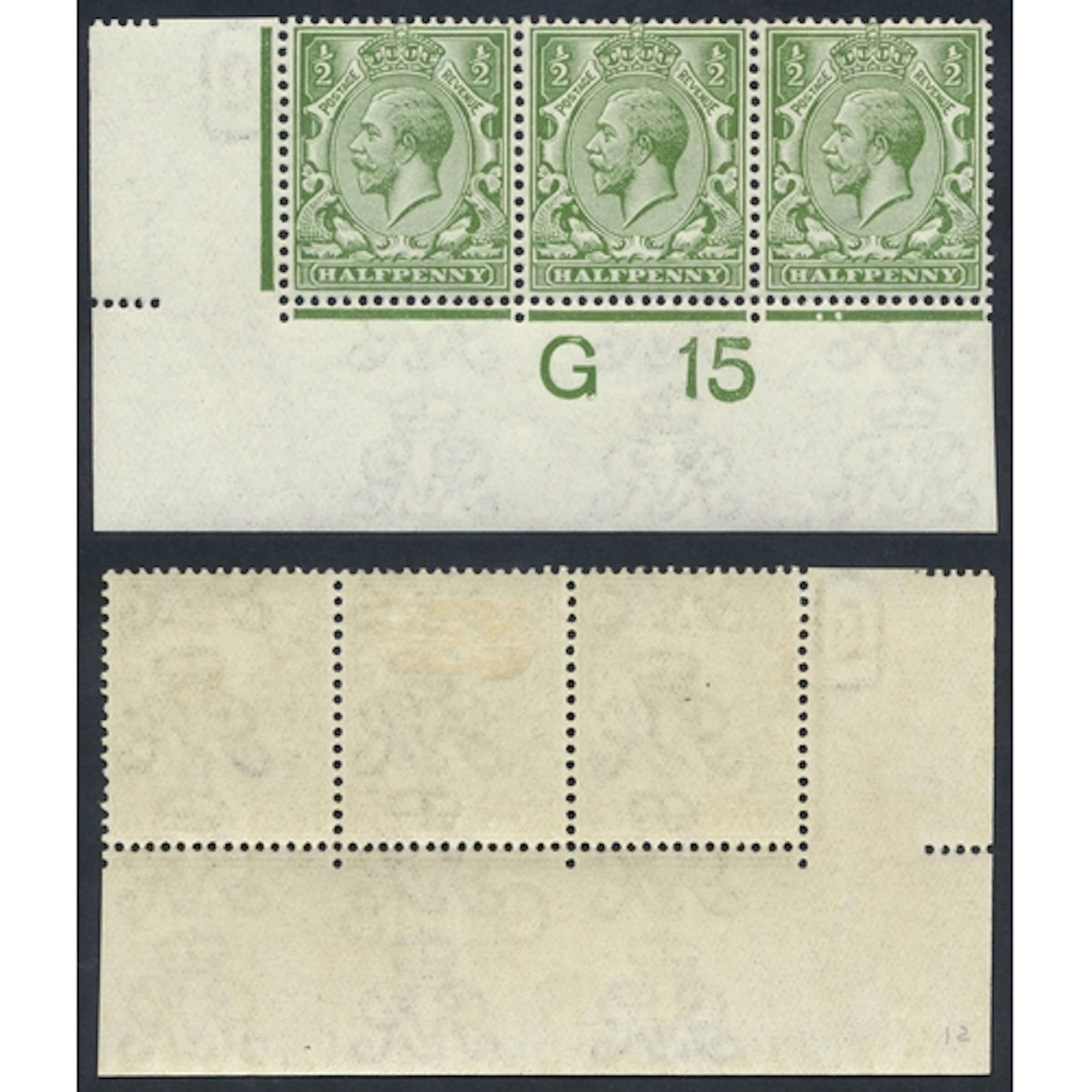 1912-24 ½d olive-green marginal control G15. strip of (3) M,...