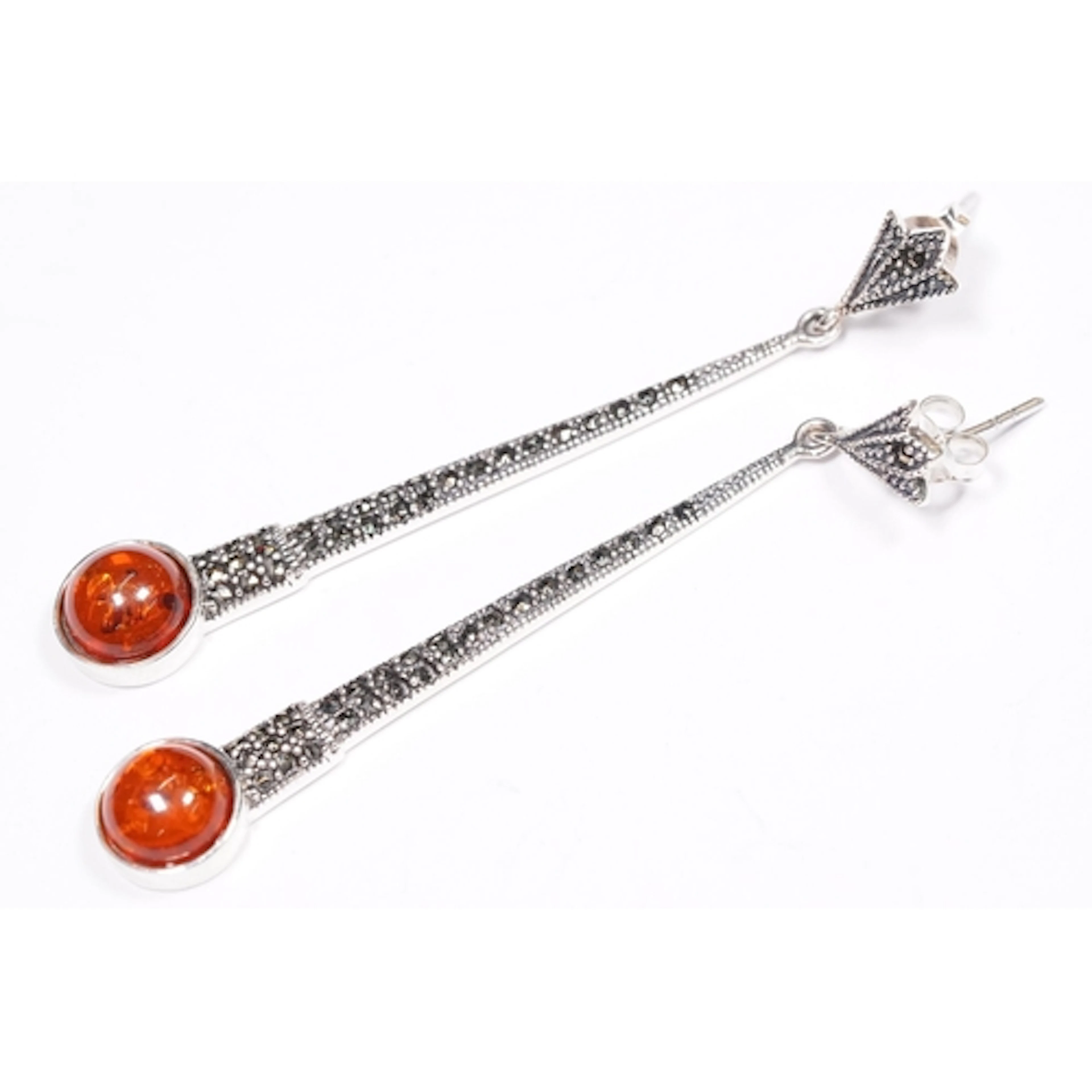Pair of silver, marcasite and amber drop earrings.