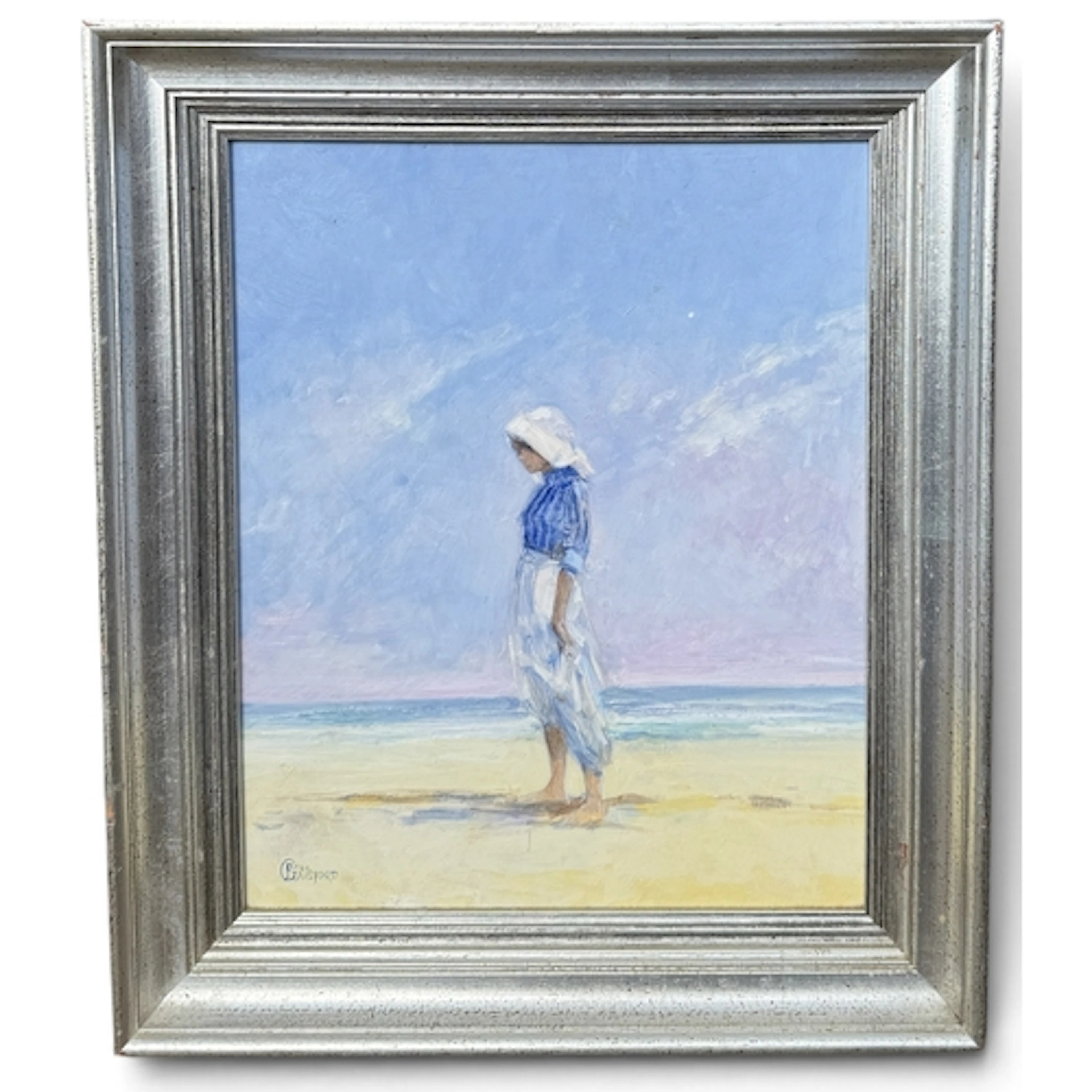 PAUL GAINSFORD (BRITISH B.1941): GIRL ON THE BEACH Oil on bo...