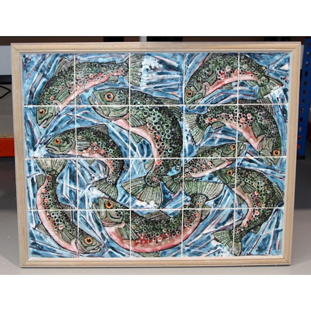Poole Pottery interest large framed Tony Morris tile panel d...