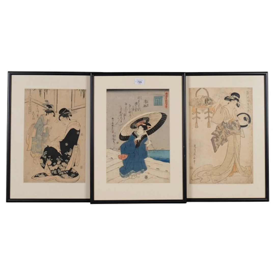 3 various Japanese colour woodblock prints, 36cm x 24cm, fra...