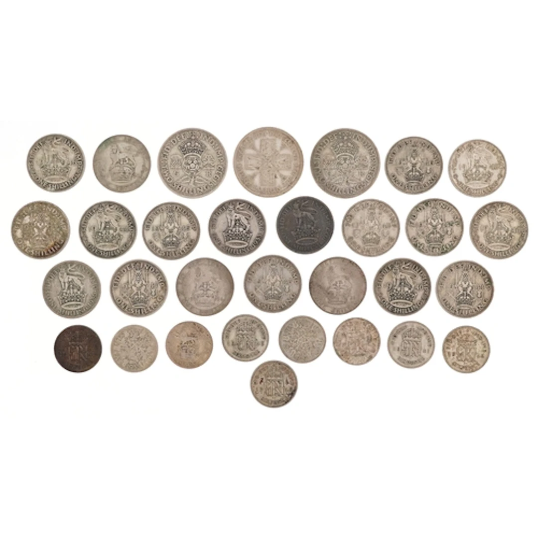 British pre 1947 silver coins including sixpences, shillings...