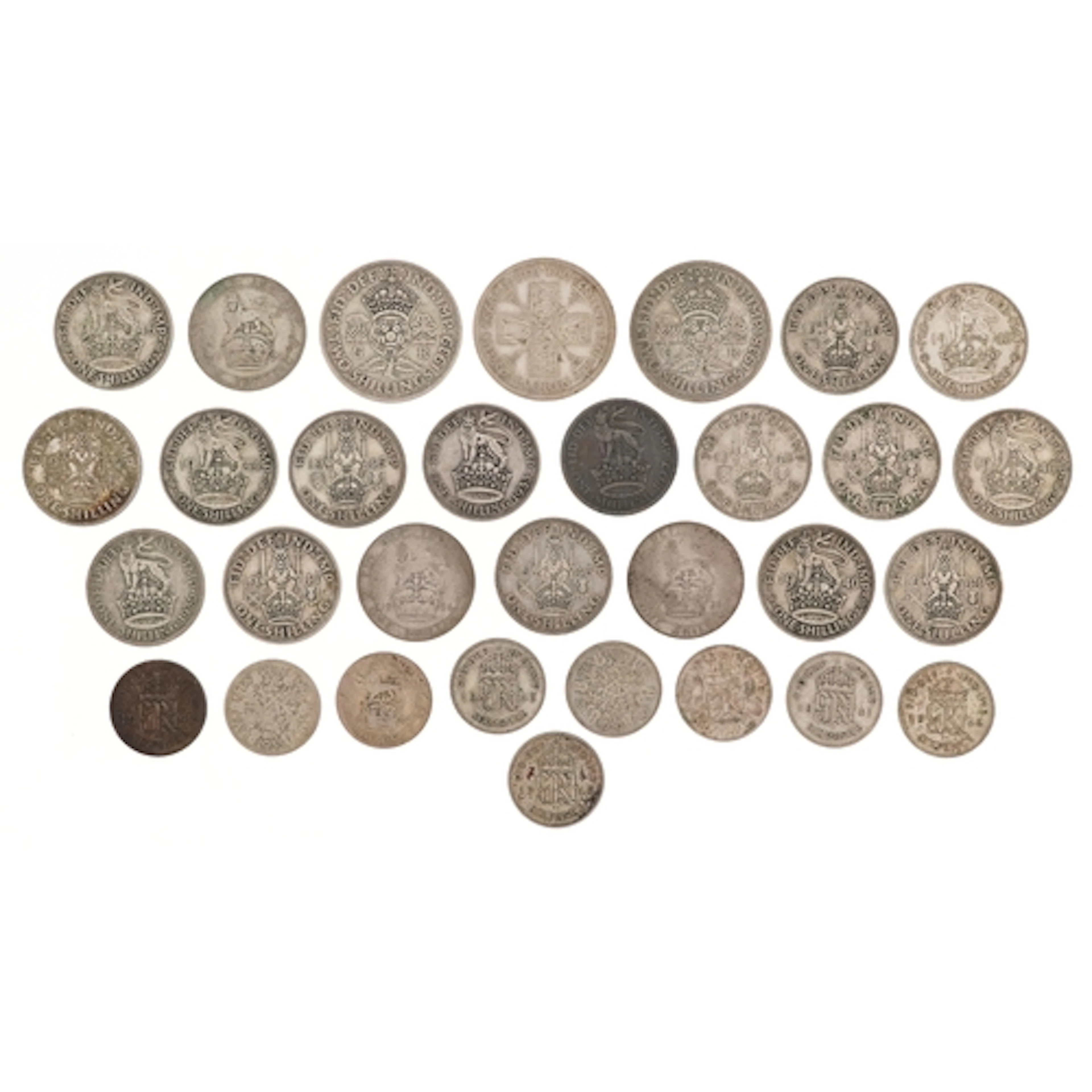 British pre 1947 silver coins including sixpences, shillings...