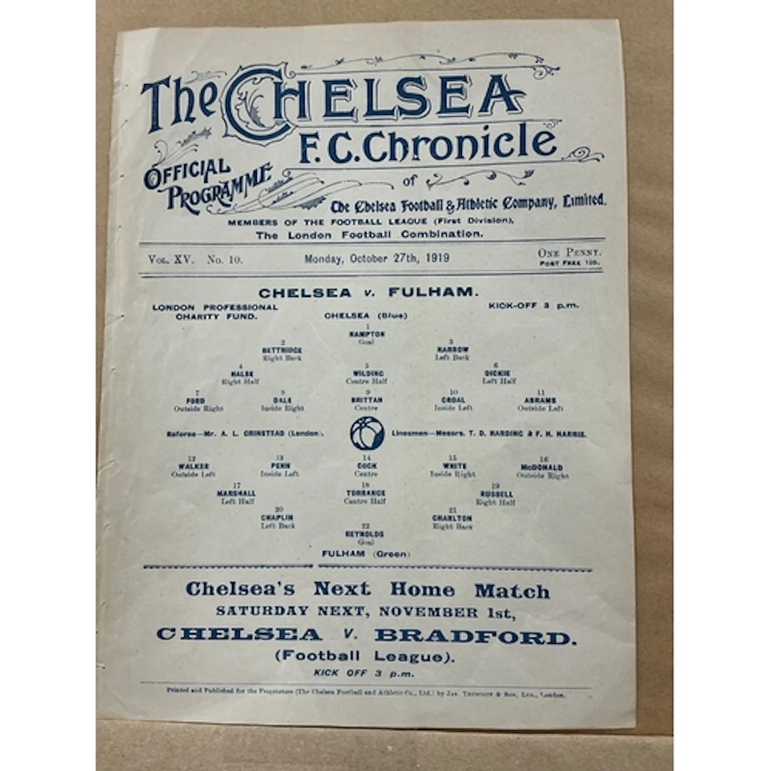 1919 - 1920 Chelsea v Fulham Football Programme: Single shee...