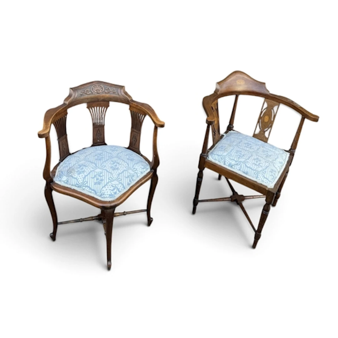 TWO EDWARDIAN MAHOGANY CORNER CHAIRS, CARVED OR INLAID With ...