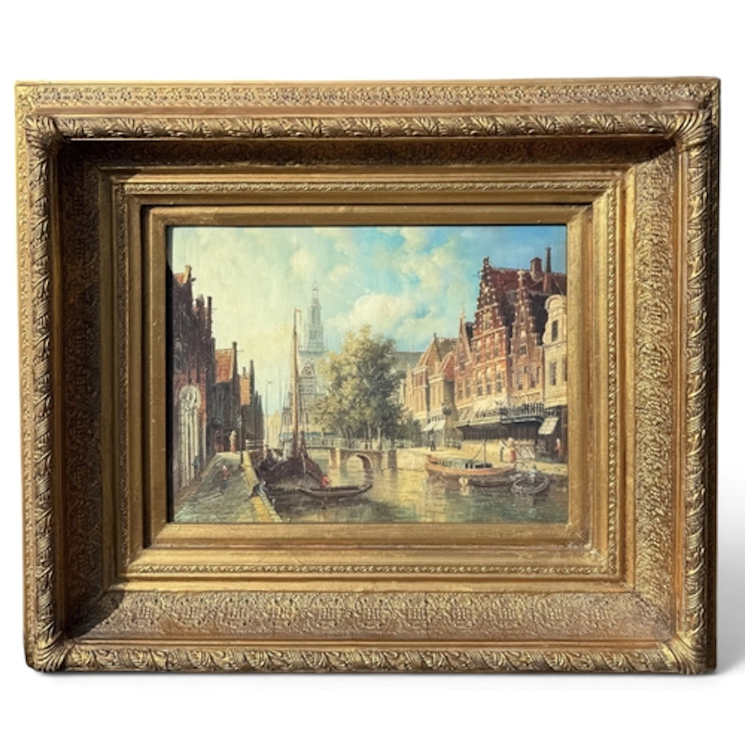 F. BREMER BARTHOLOMAUS: EUROPEAN CITY RIVER SCENE Oil on boa...