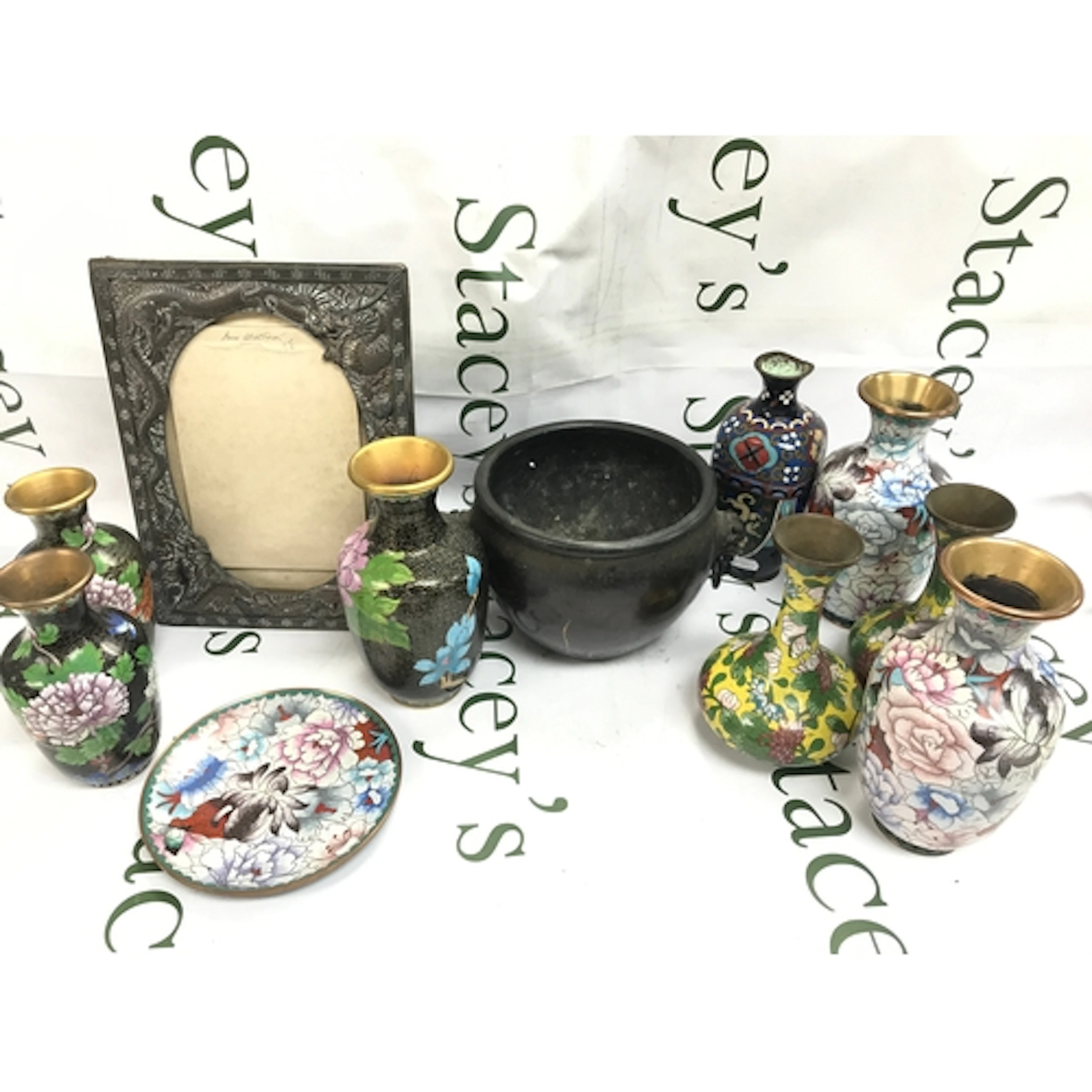 Cloisonné vases, dragon frame, bronze censer 22cm wid...