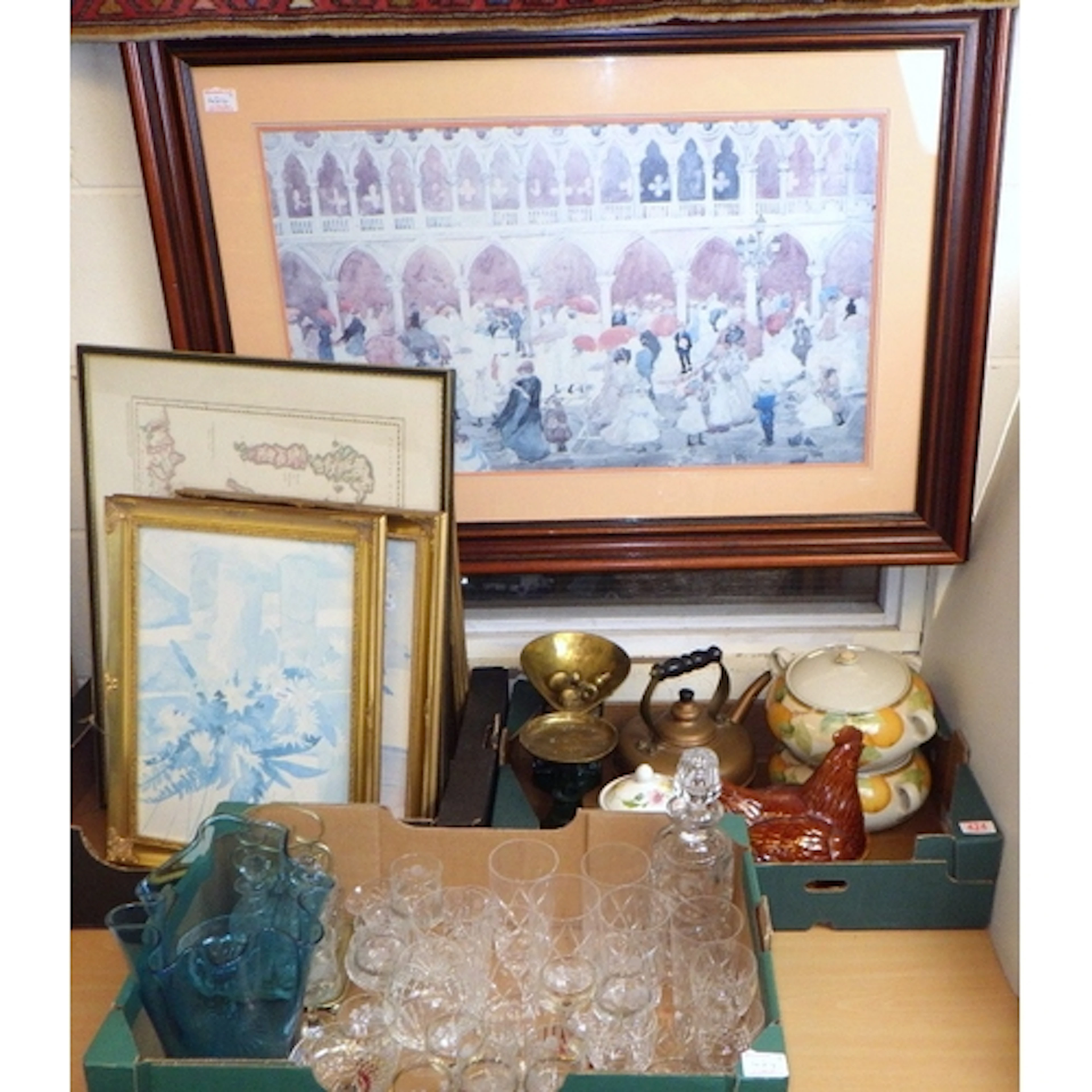 A qty of glassware, prints, kitchen scales etc (4)