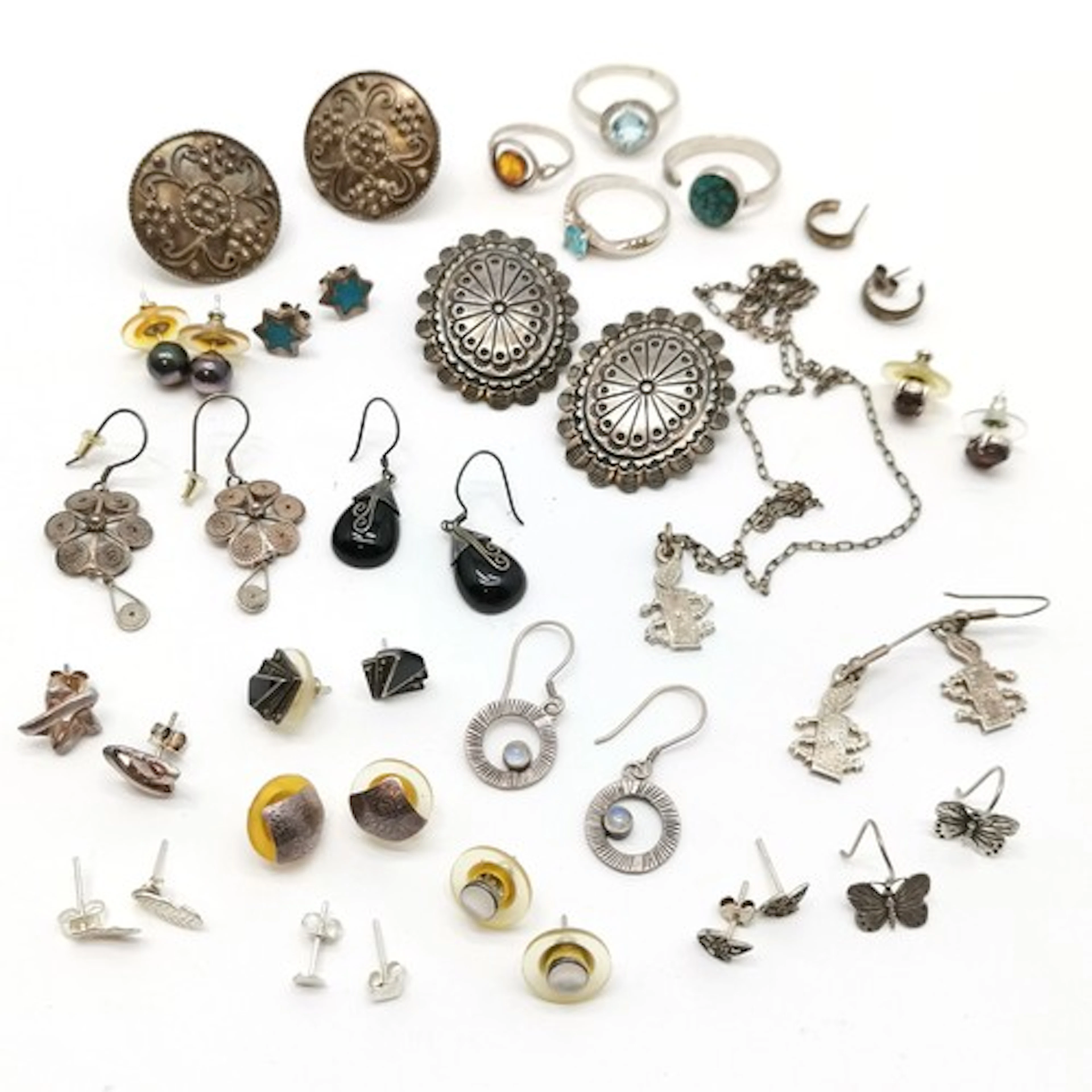 Qty of silver earrings & rings (some unmarked) inc blue topa...