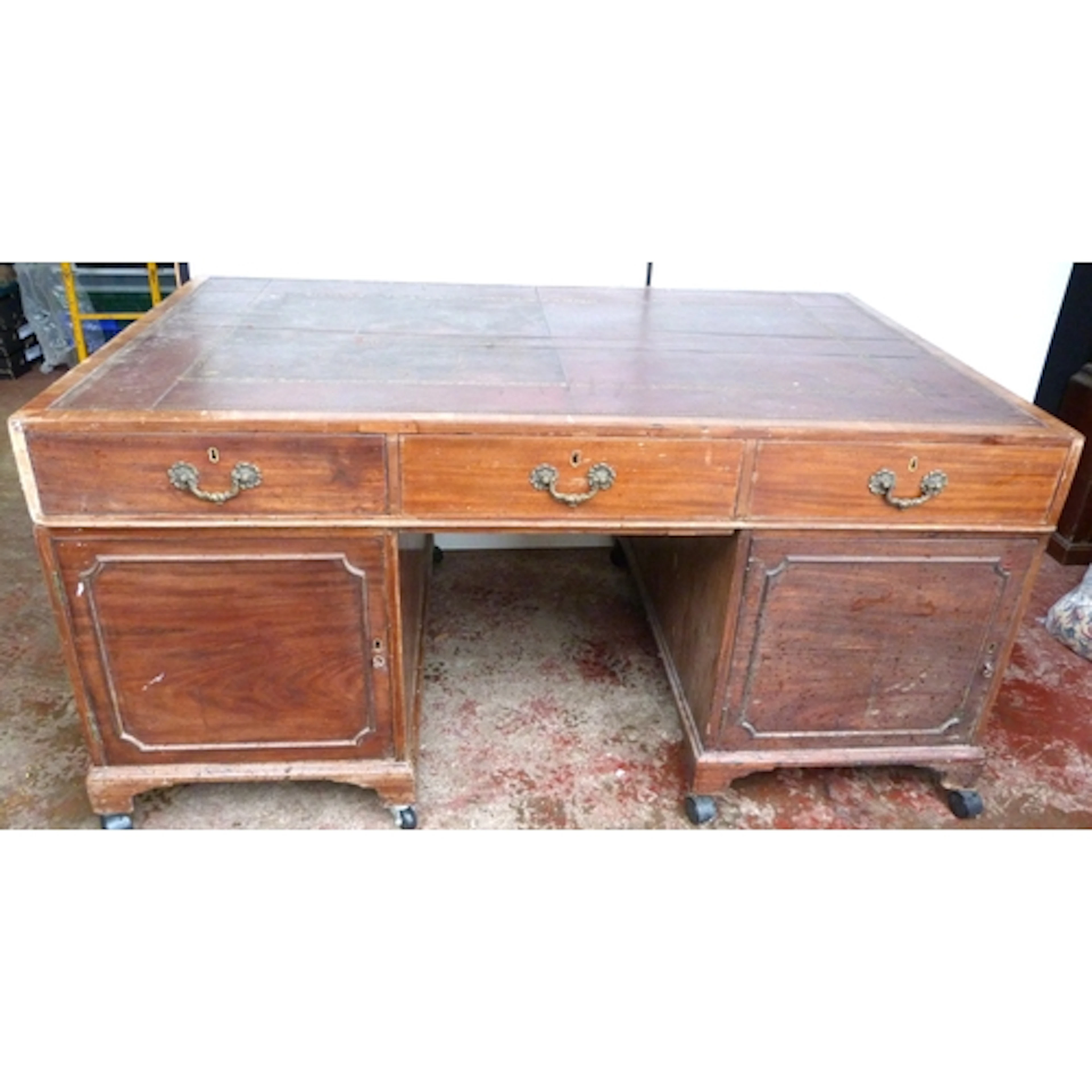 Late Victorian mahogany partners desk, with morocco tooled s...