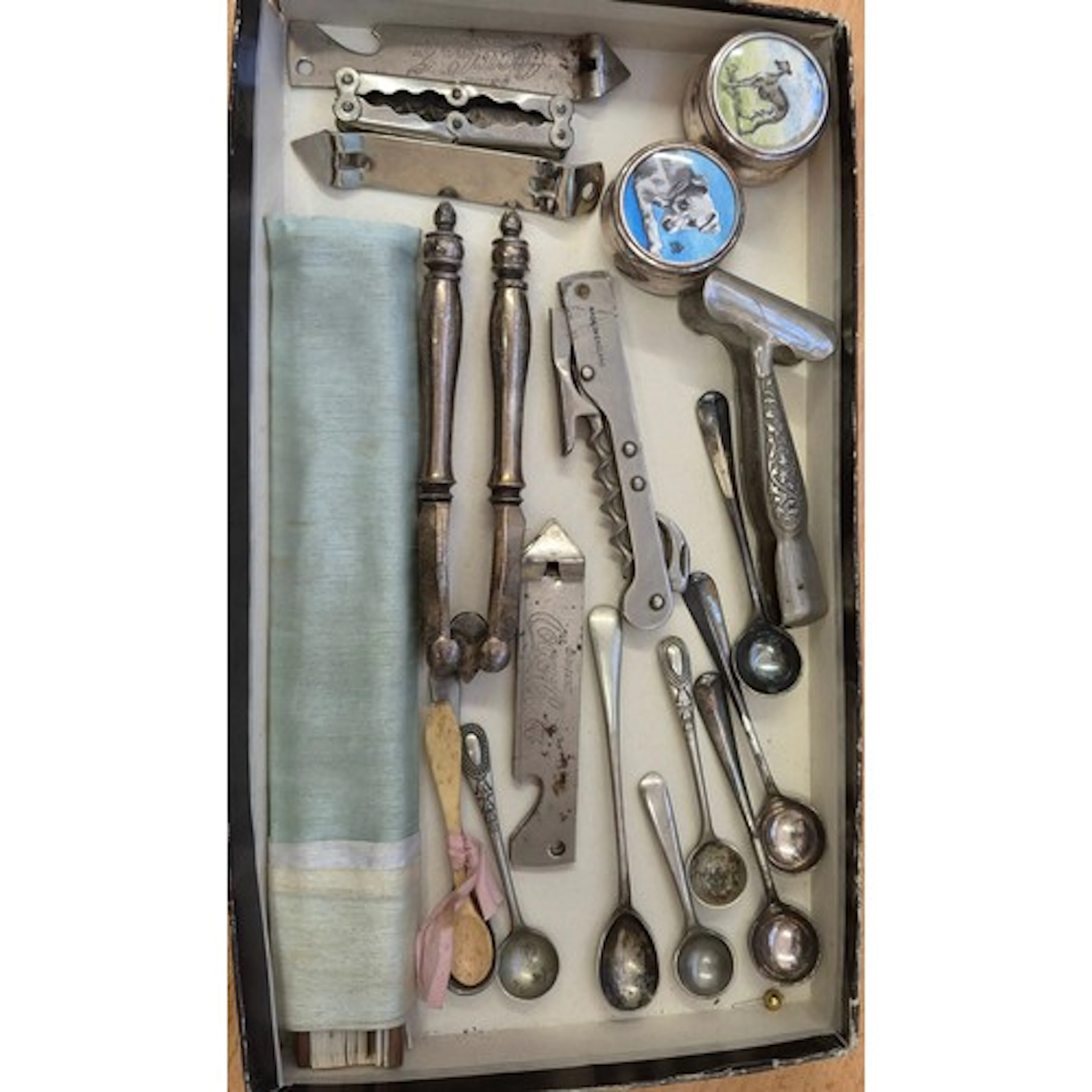 Silver Plated Mustard & Salt Spoons, nutcrackers, bottle ope...