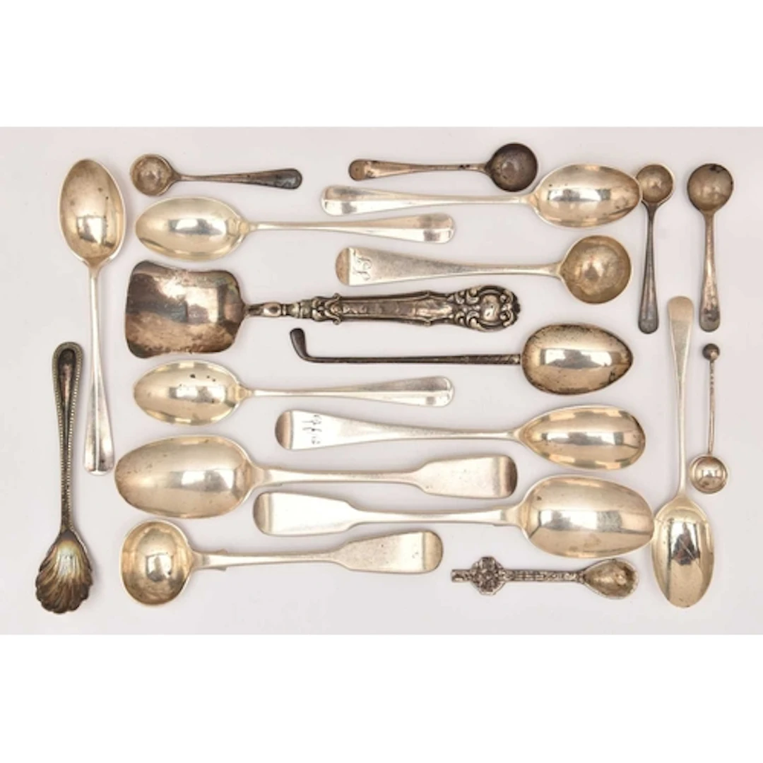 AN ASSORTMENT OF SILVER SPOONS, to include, tea spoons, cond...