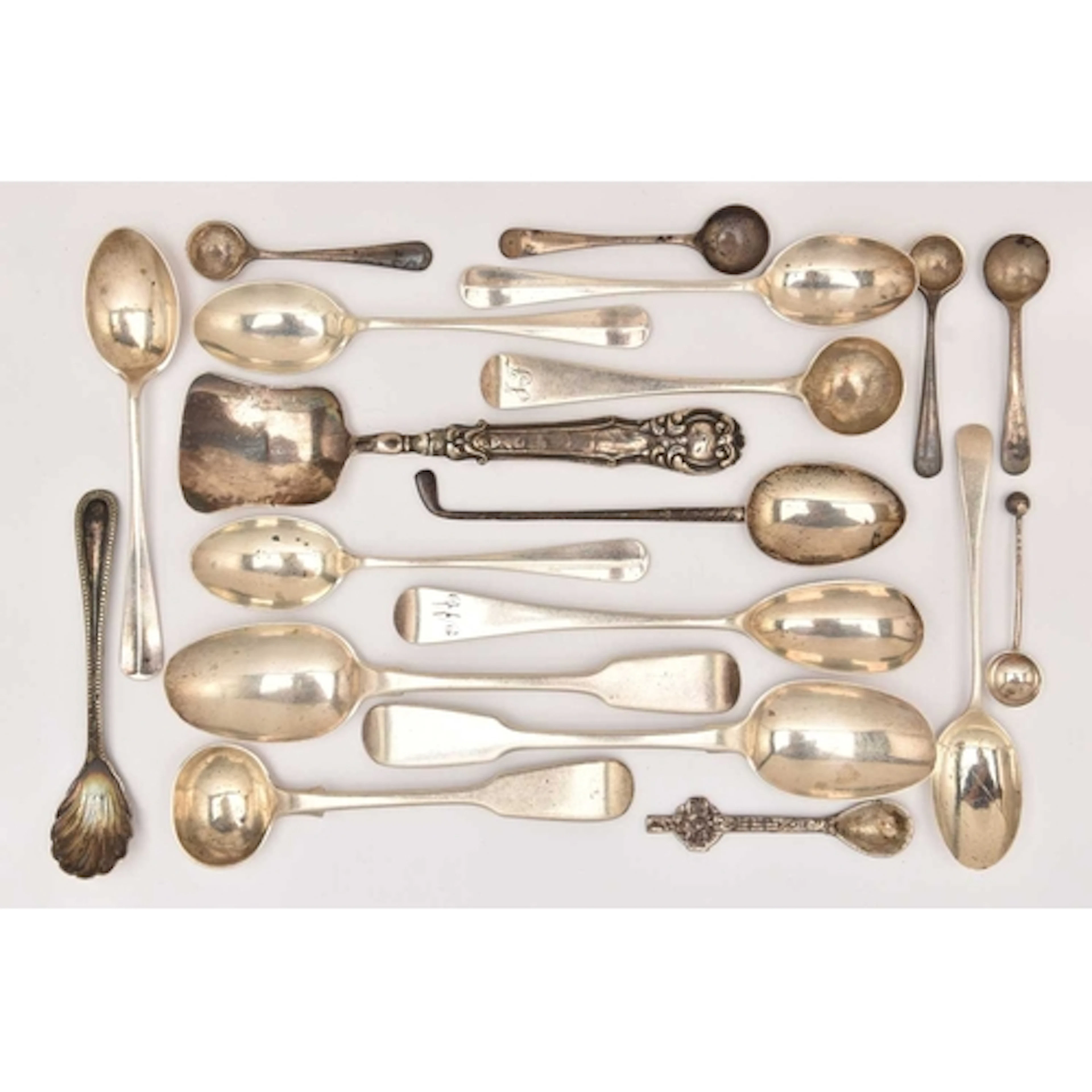 AN ASSORTMENT OF SILVER SPOONS, to include, tea spoons, cond...