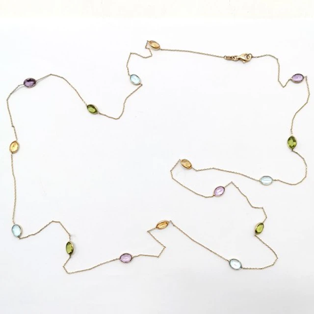 9ct marked gold long necklace with multi coloured stone deta...