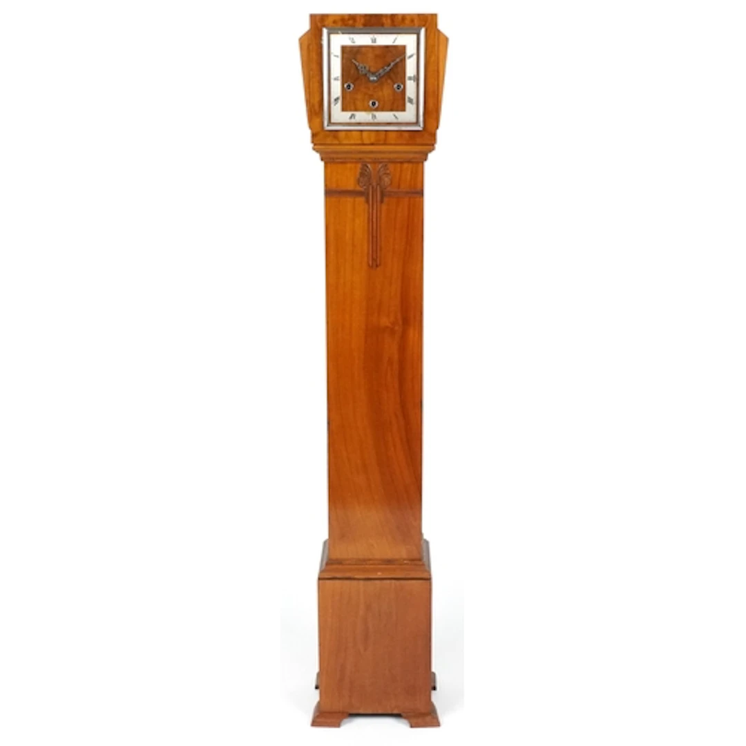 Art Deco walnut grandmother clock with silvered dial having ...