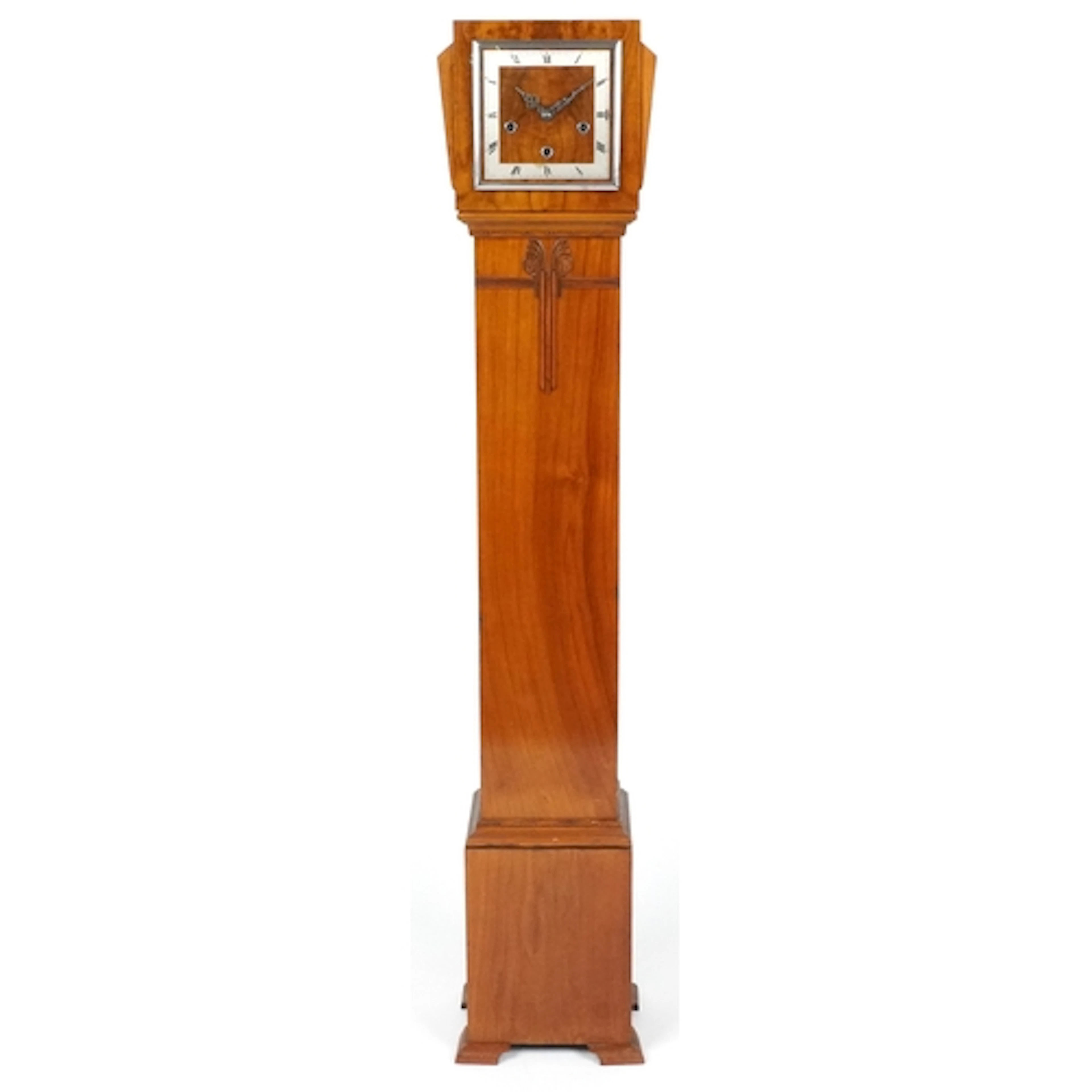 Art Deco walnut grandmother clock with silvered dial having ...