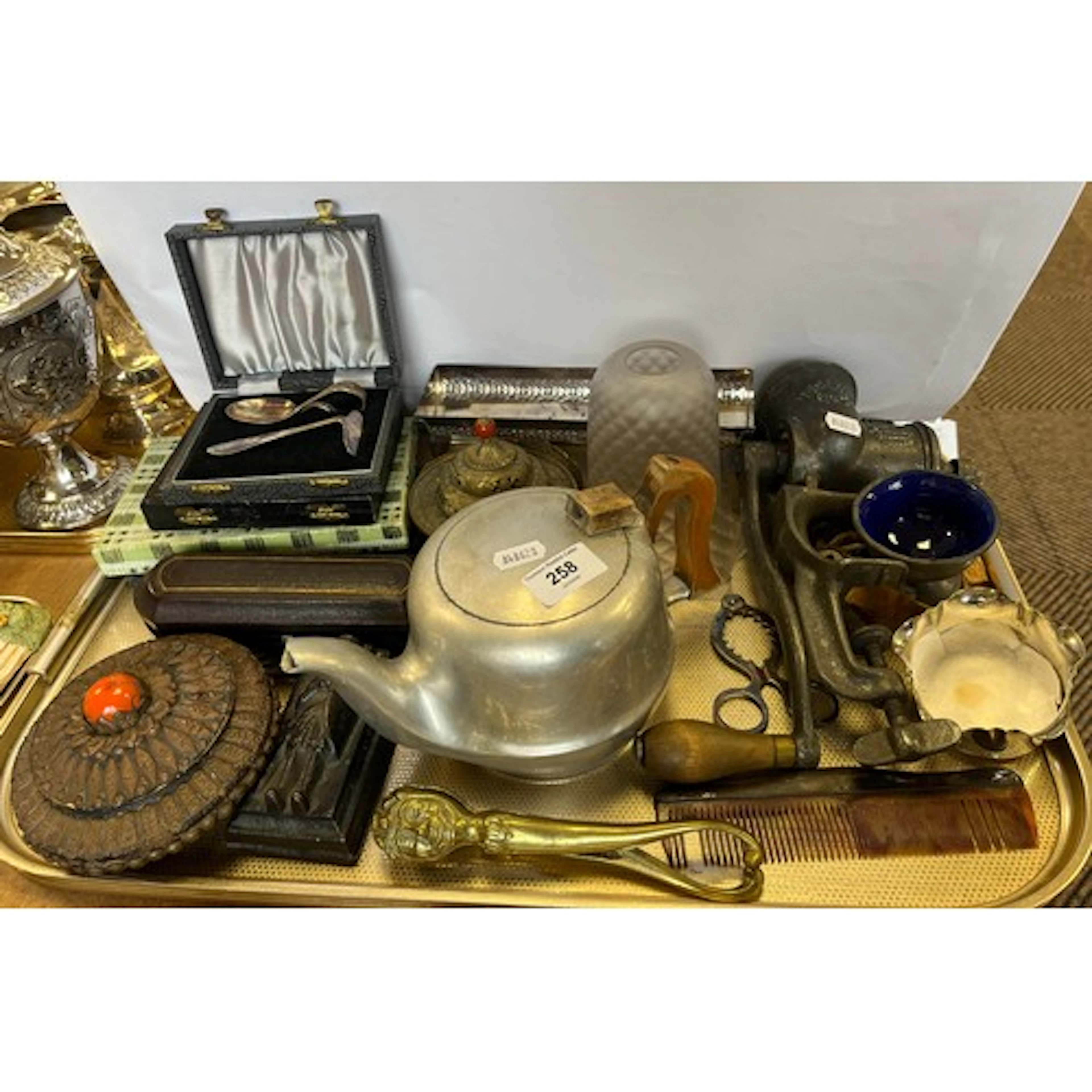 Cased flatware, Picquot ware, brass box and cover, mincer et...