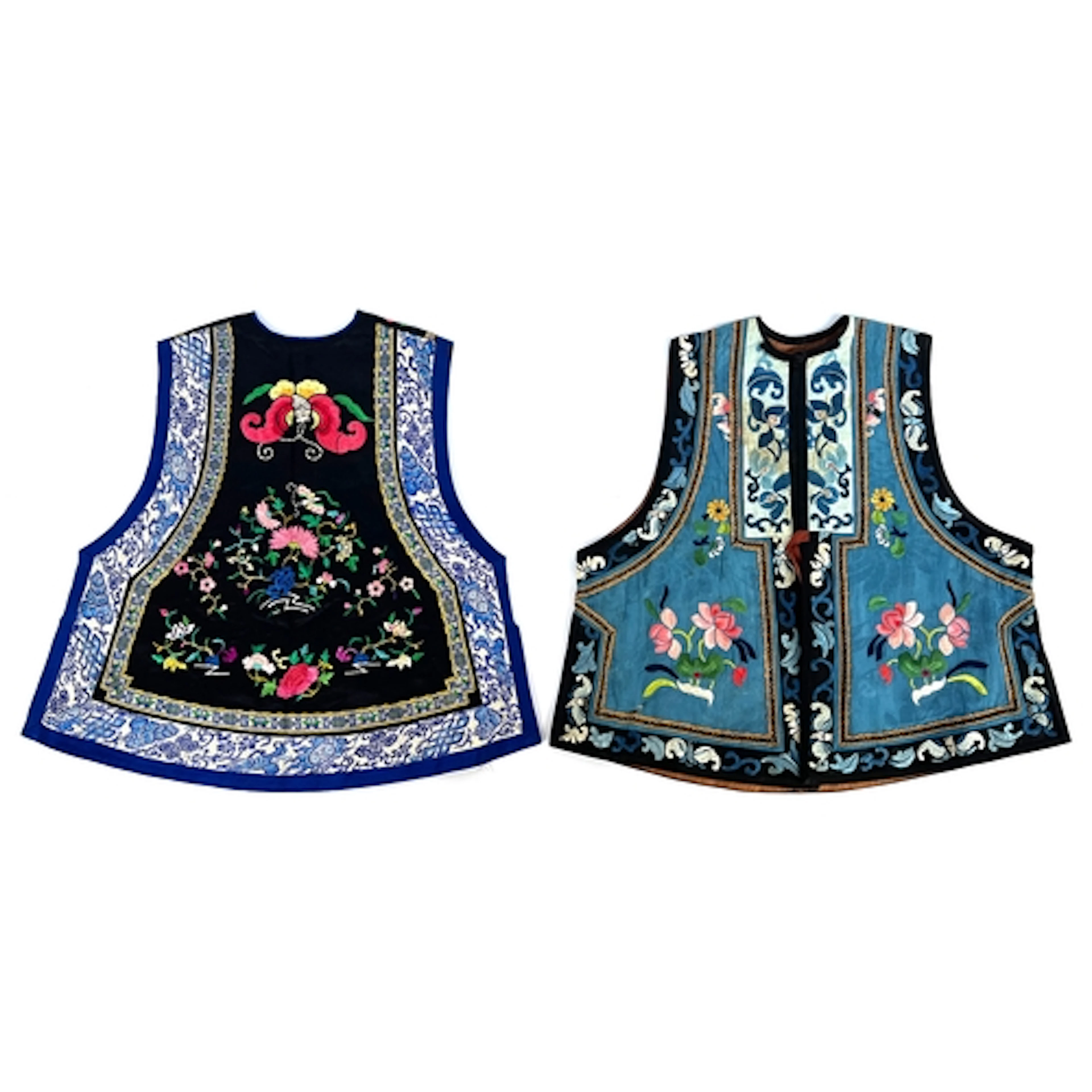 Two antique Chinese children's silk waistcoats, one blue dam...