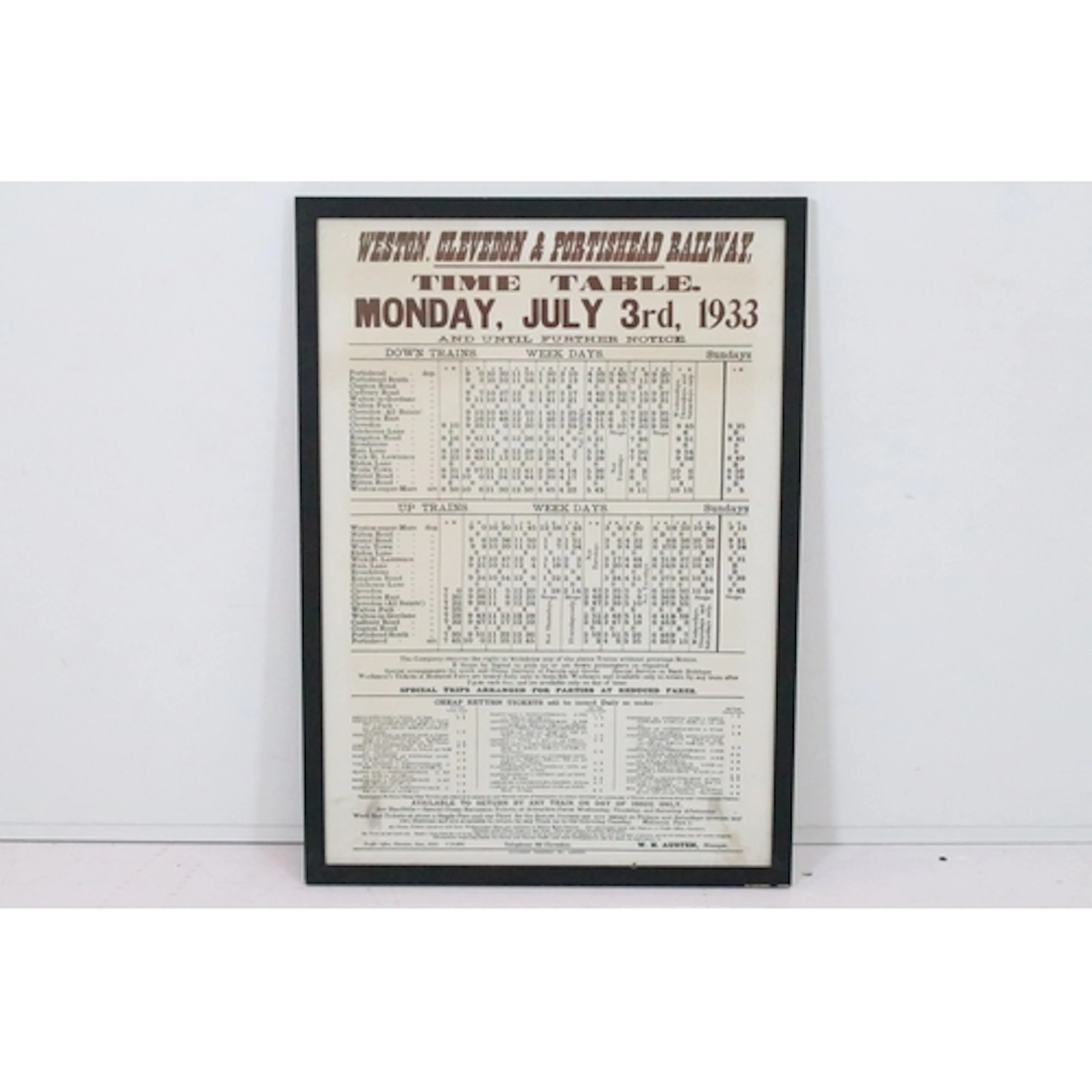'Weston, Clevedon & Portishead Railway Time Table, Monday, J...