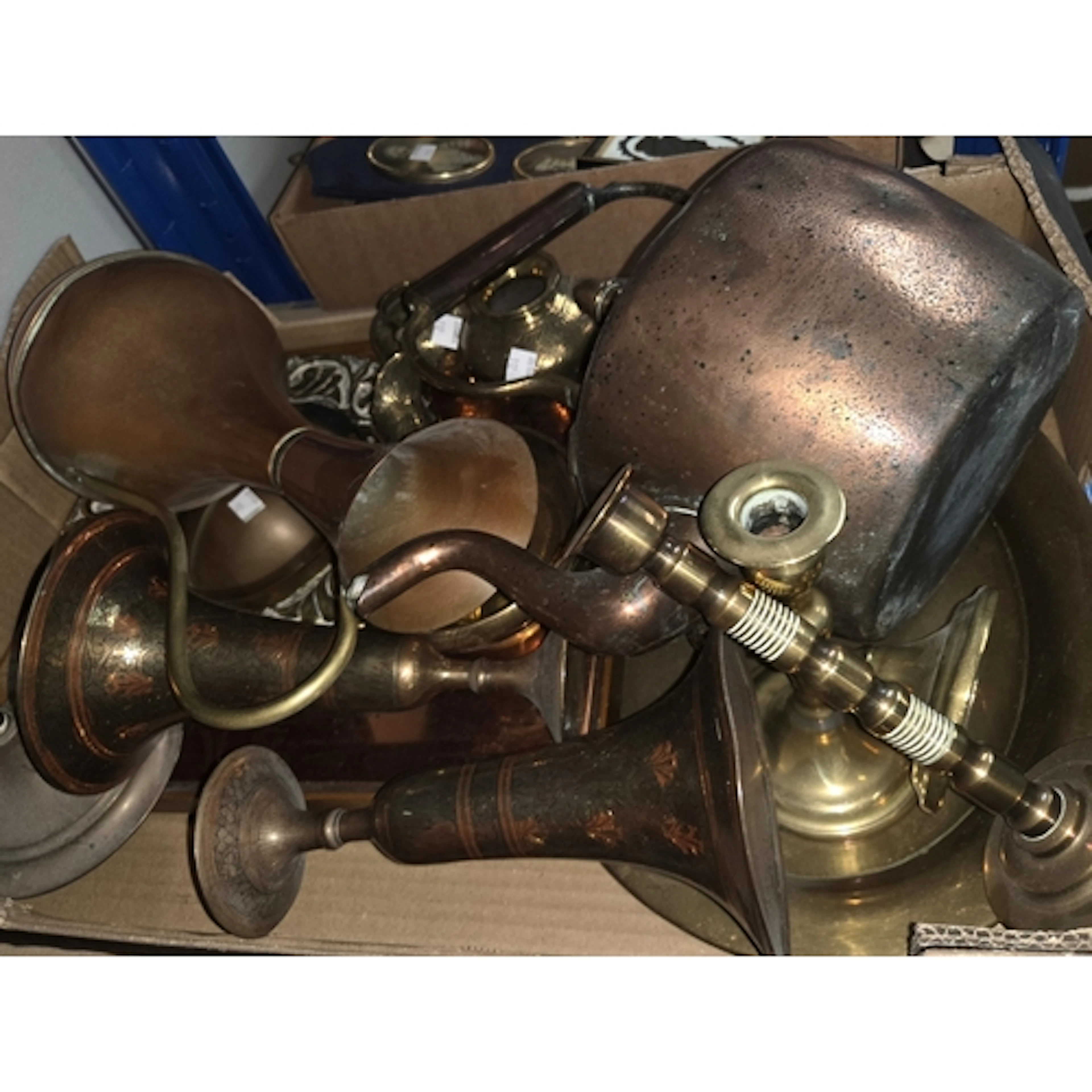 A selection of metalware including a copper kettle, candlest...