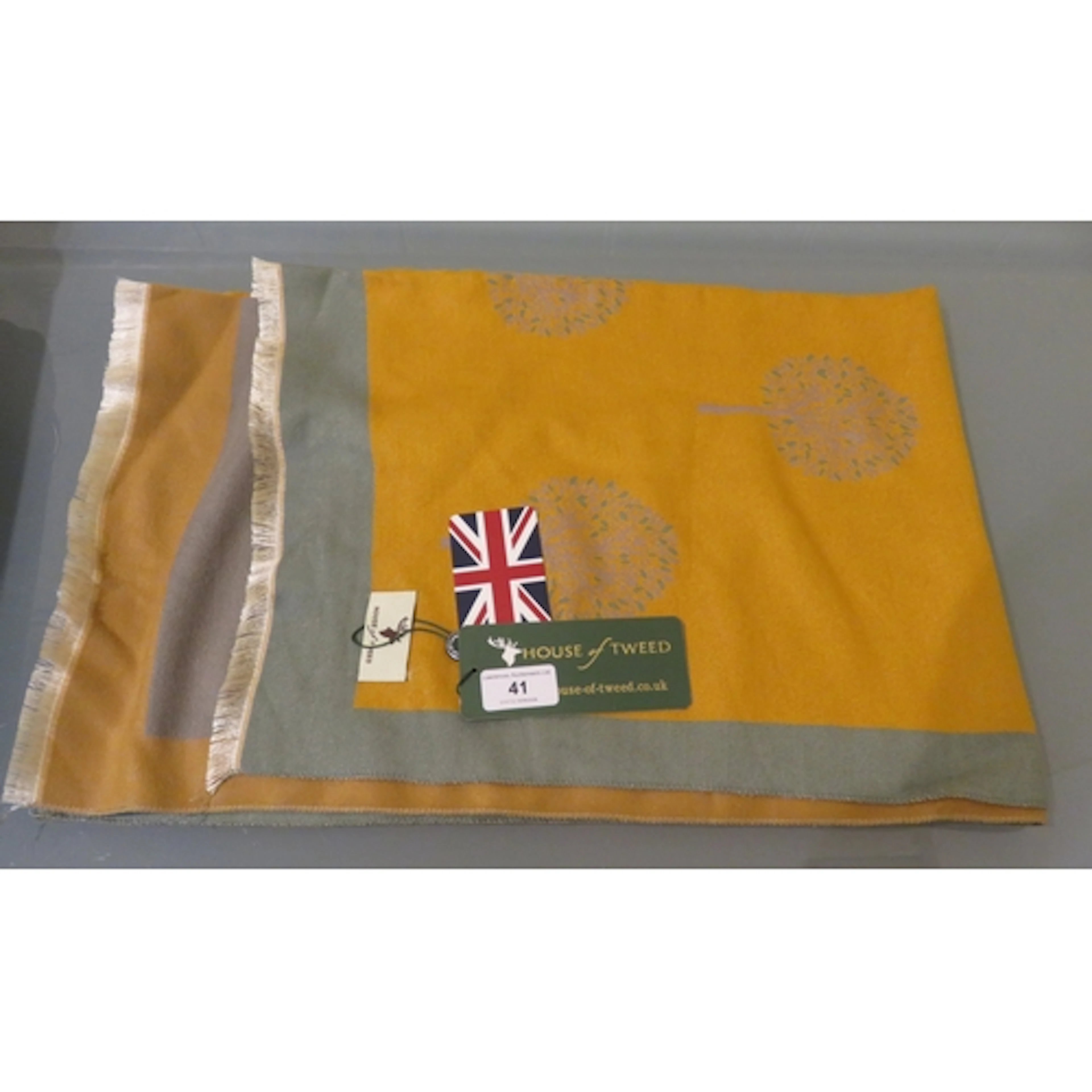House of Tweed Leaf Tree scarf in mustard and jade green wit...