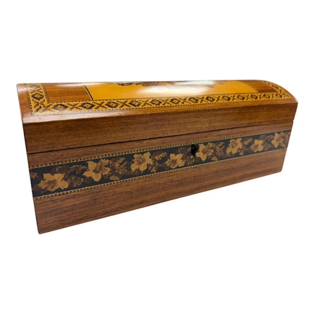 A Victorian Tunbridge Ware rosewood glove box, the domed cov...