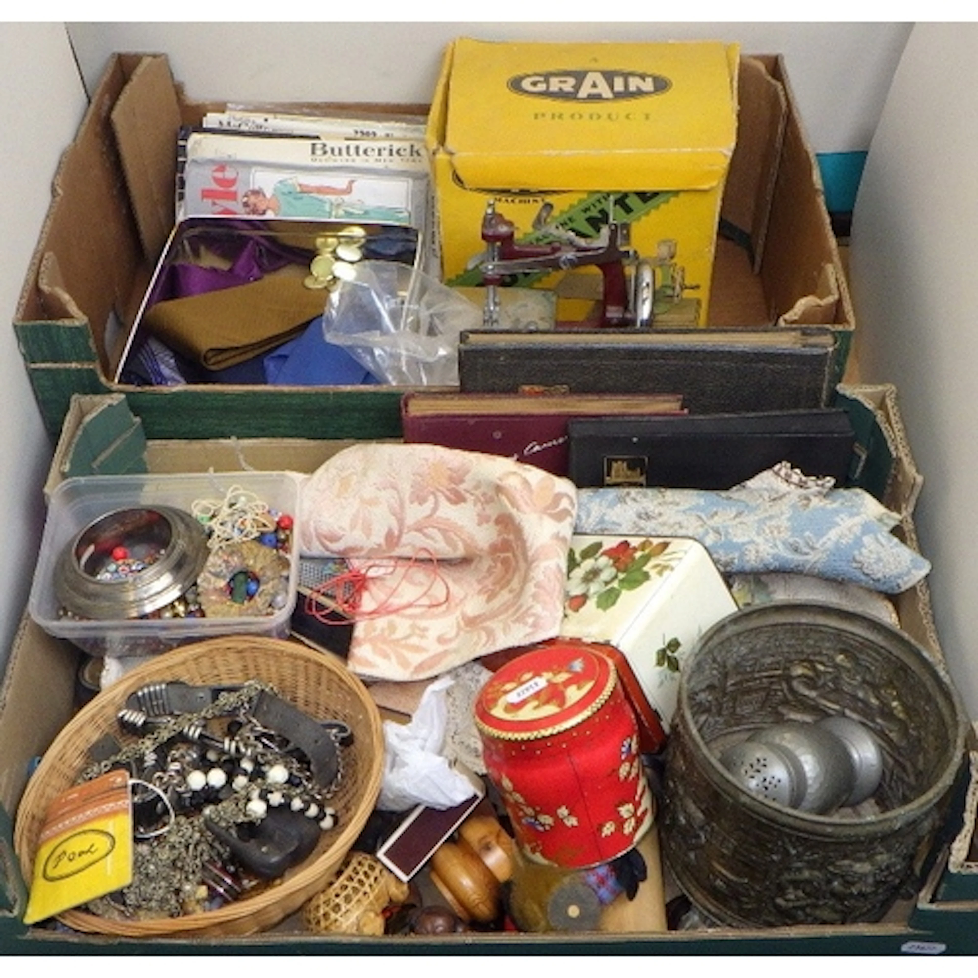 Two boxes of collectables to inc costume jewellery metalware...