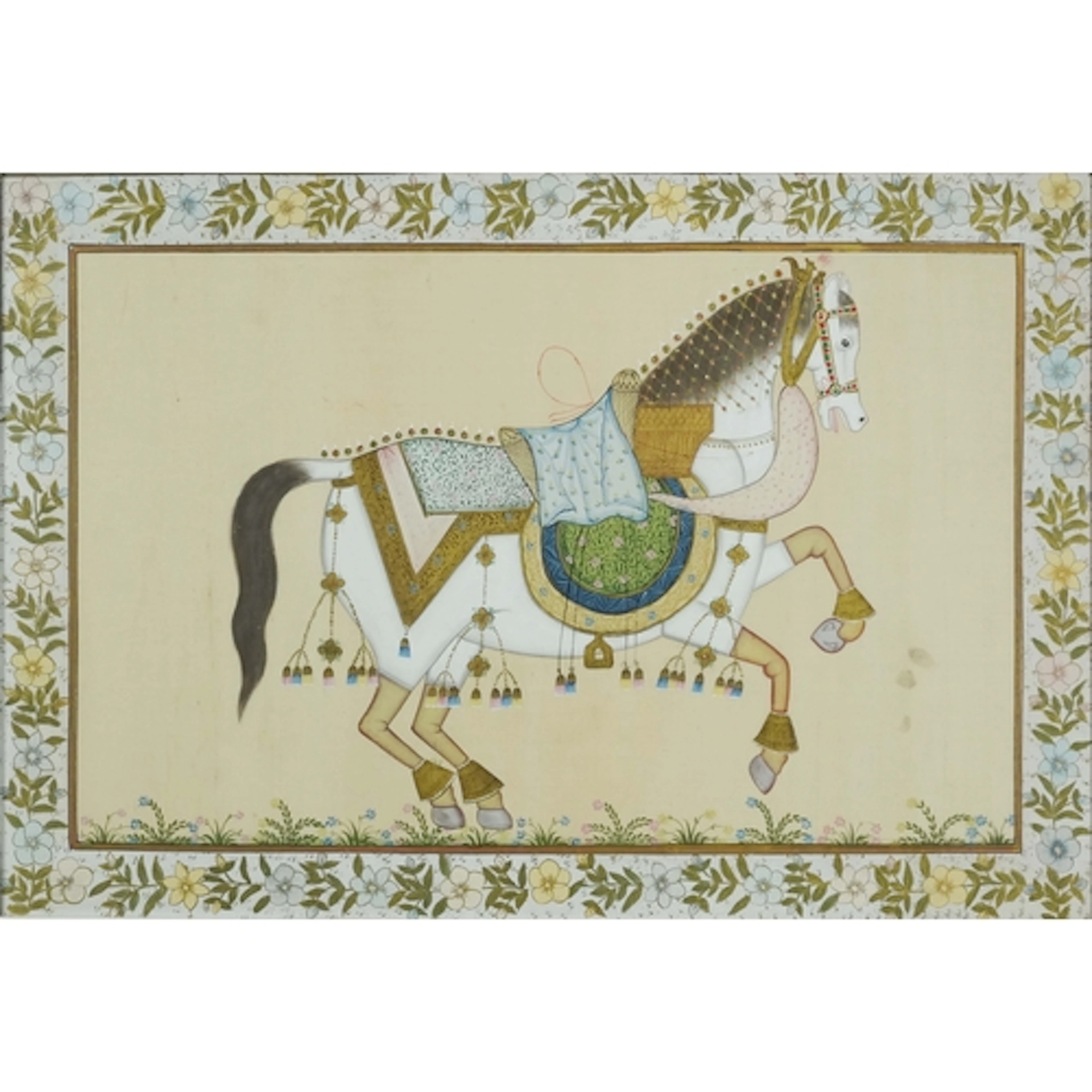 Indian Mughal gouache on silk of a horse, surrounded by a fo...