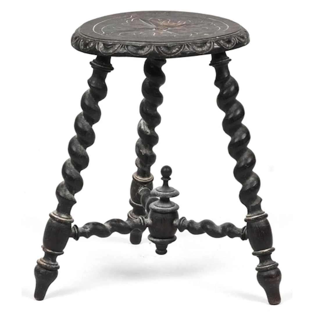 Late Victorian ebonised circular stool raised on three barle...