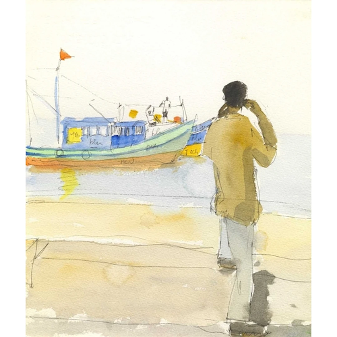 § John MILLER (1931-2002) Dolphin Boats, Goa Gouache, stampe...