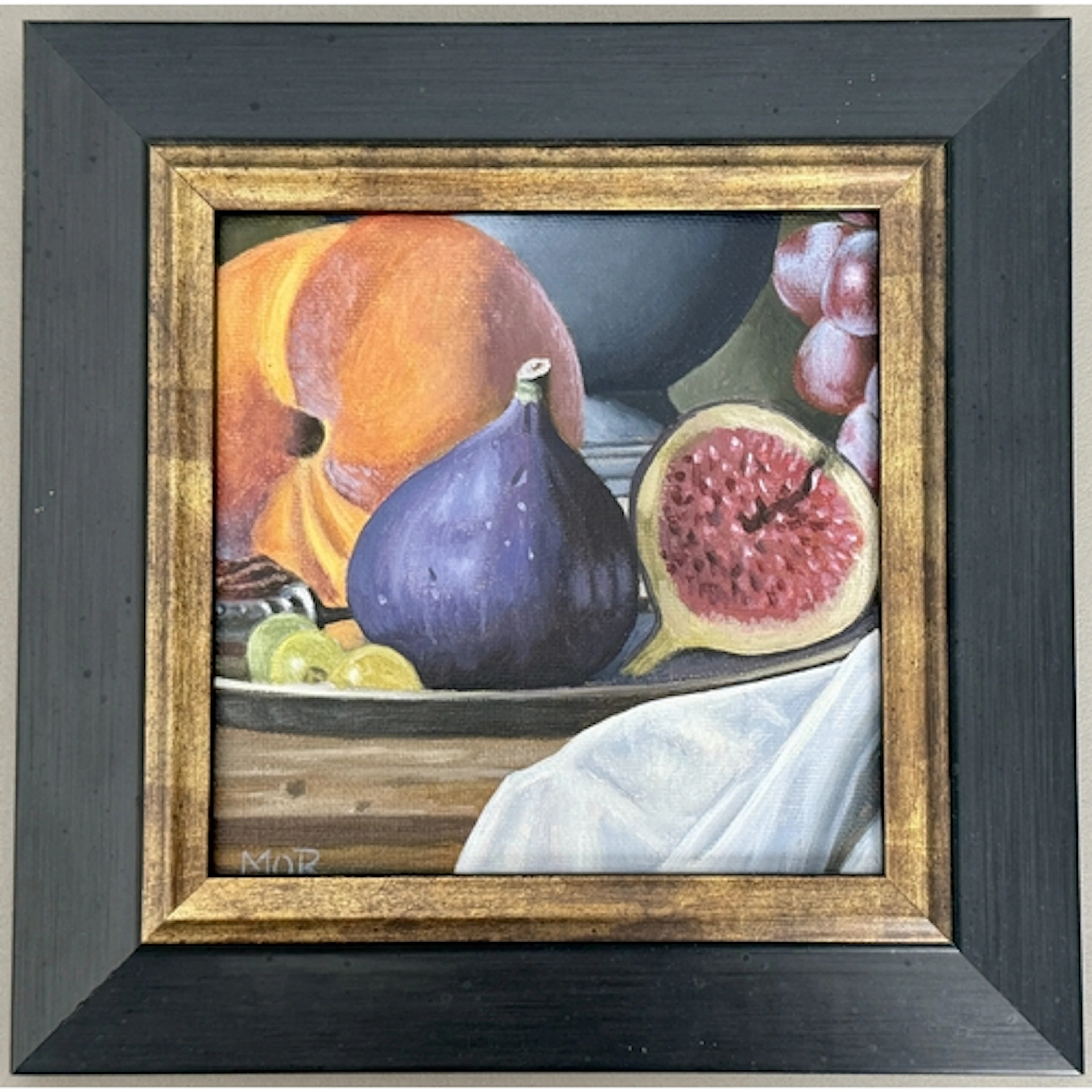 MOR (contemporary) Still life of figs, a peach and grapes on...