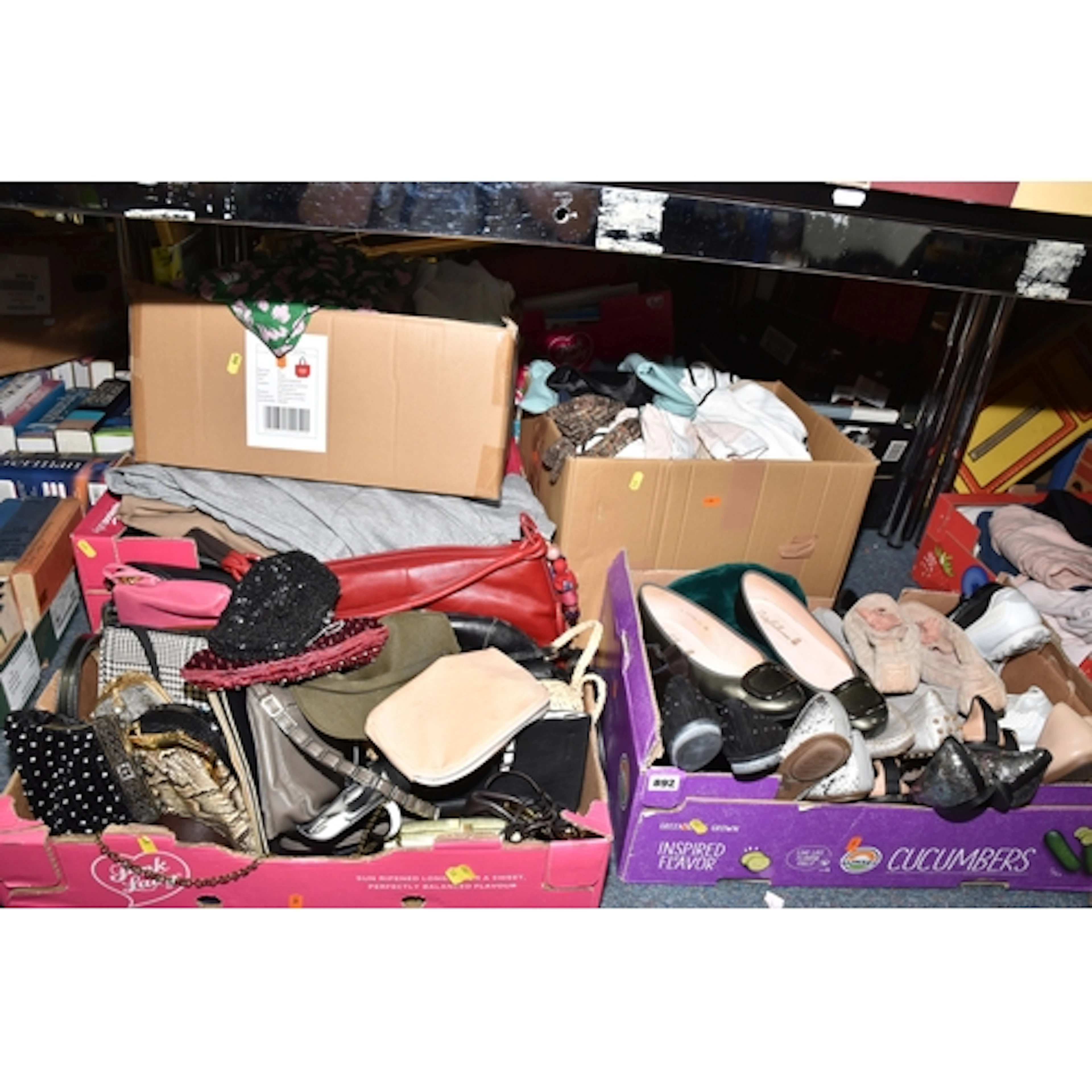 FIVE BOXES OF CLOTHES AND ACCESSORIES, to include, jackets, ...