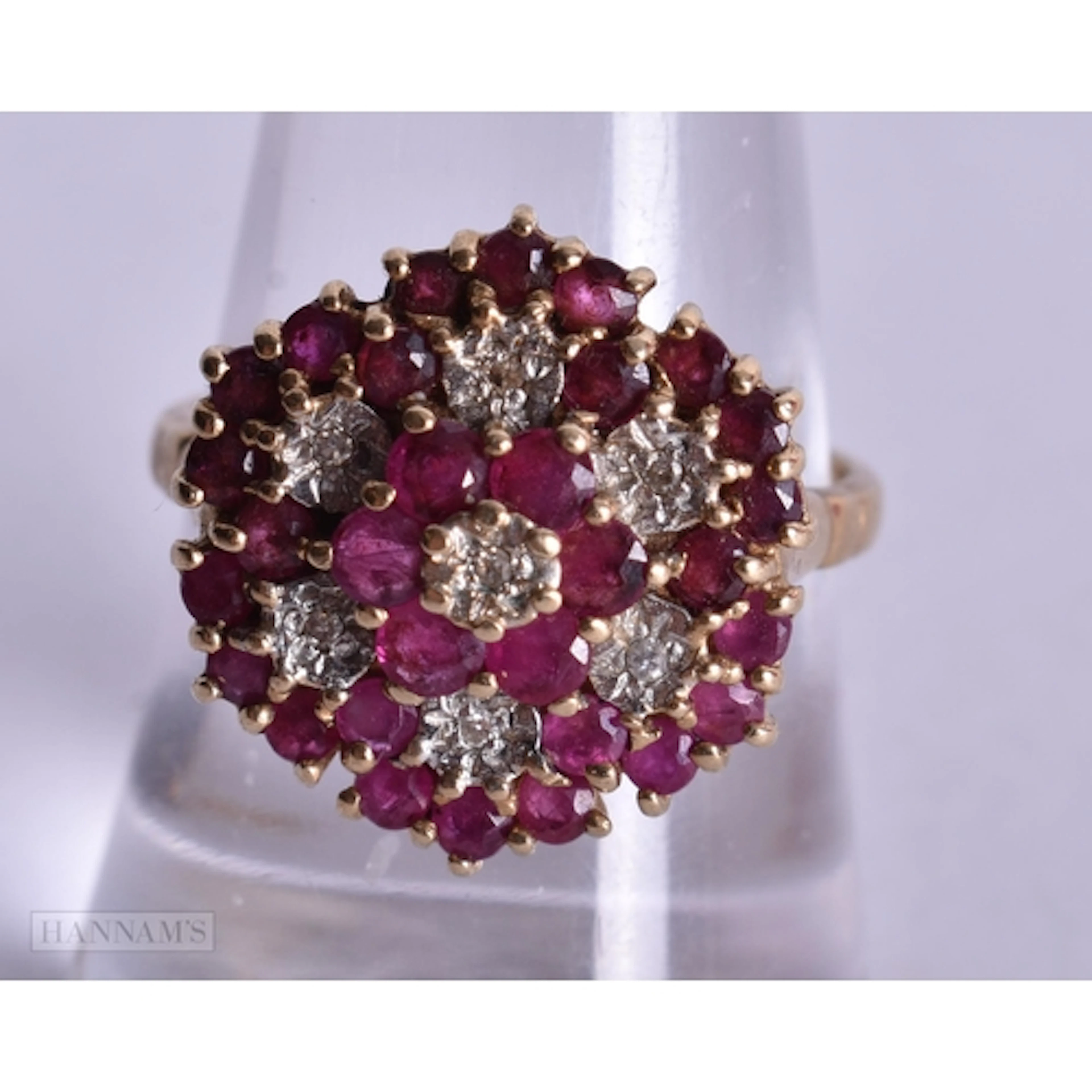 9ct gold ruby diamond cluster cocktail ring (4g). P.