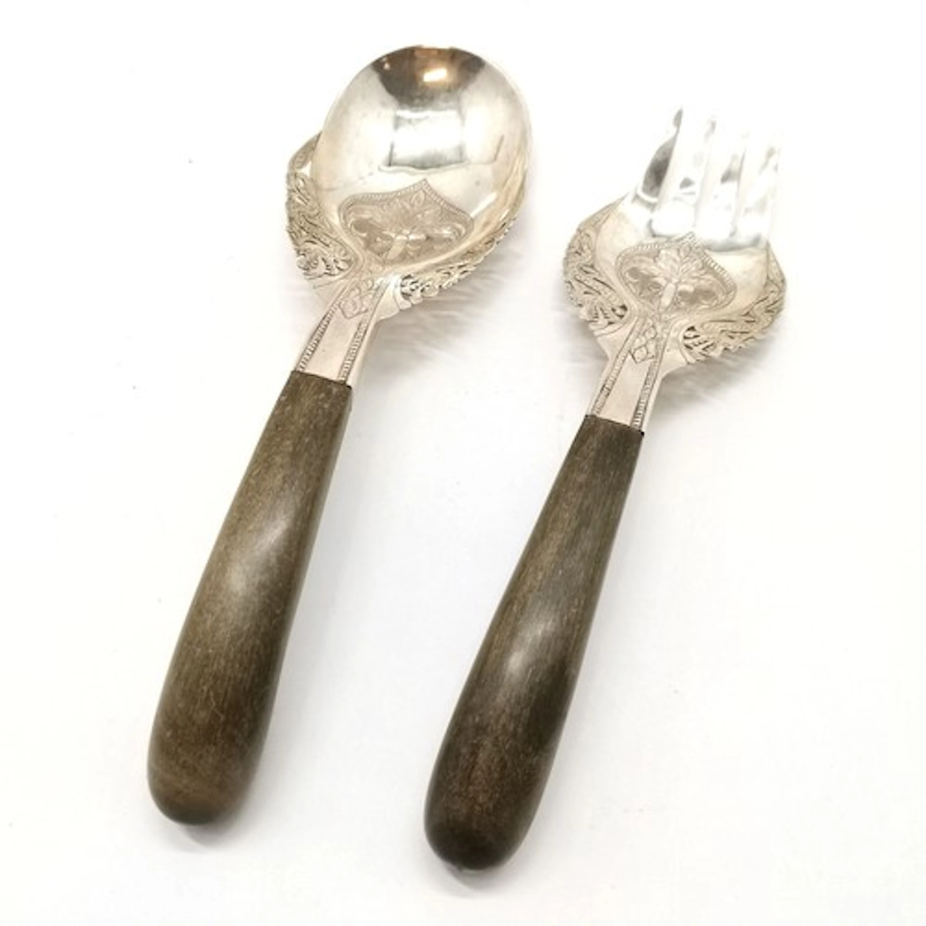 Malaysian silver marked serving fork & spoon with horn handl...