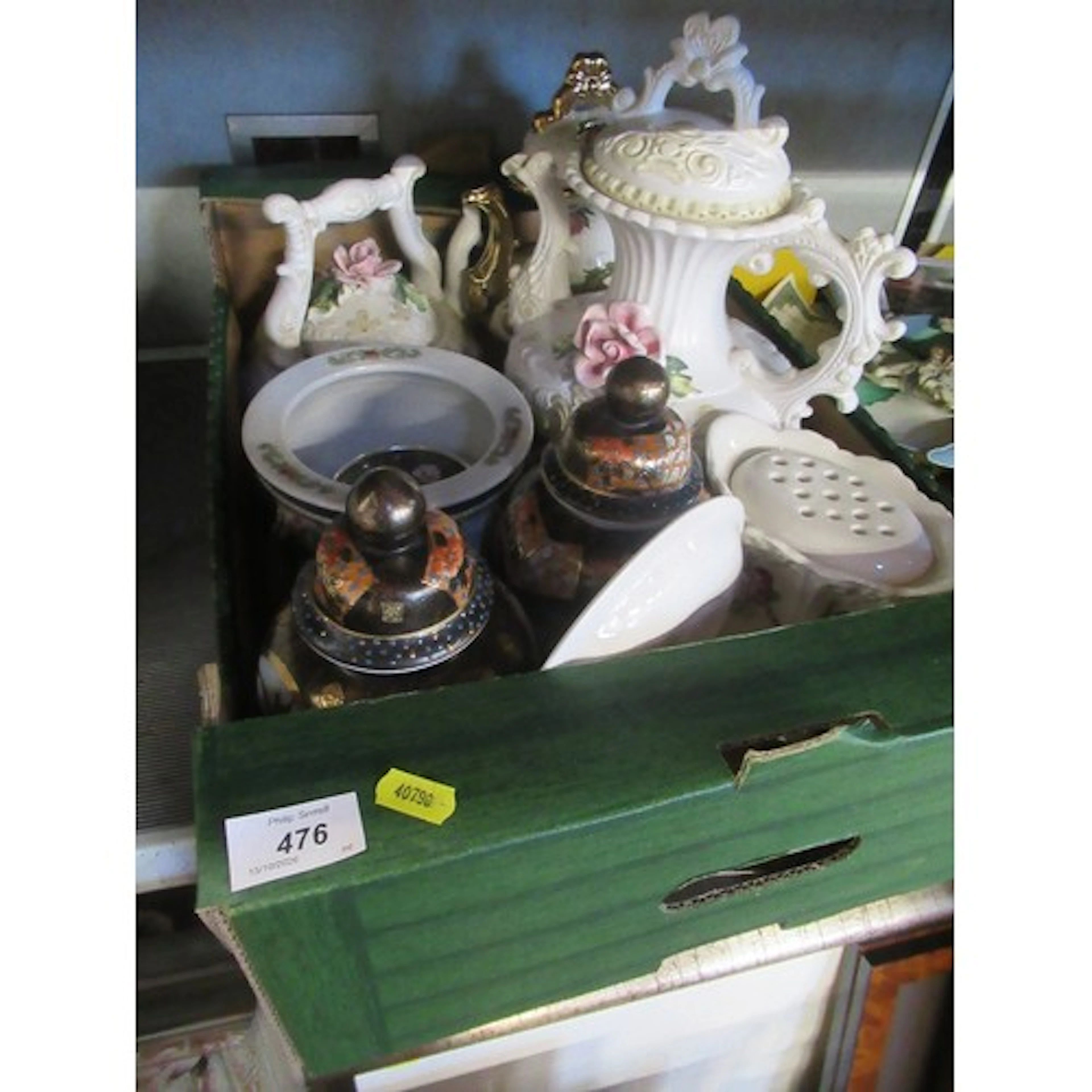 A box of assorted china to include covered oriental vase