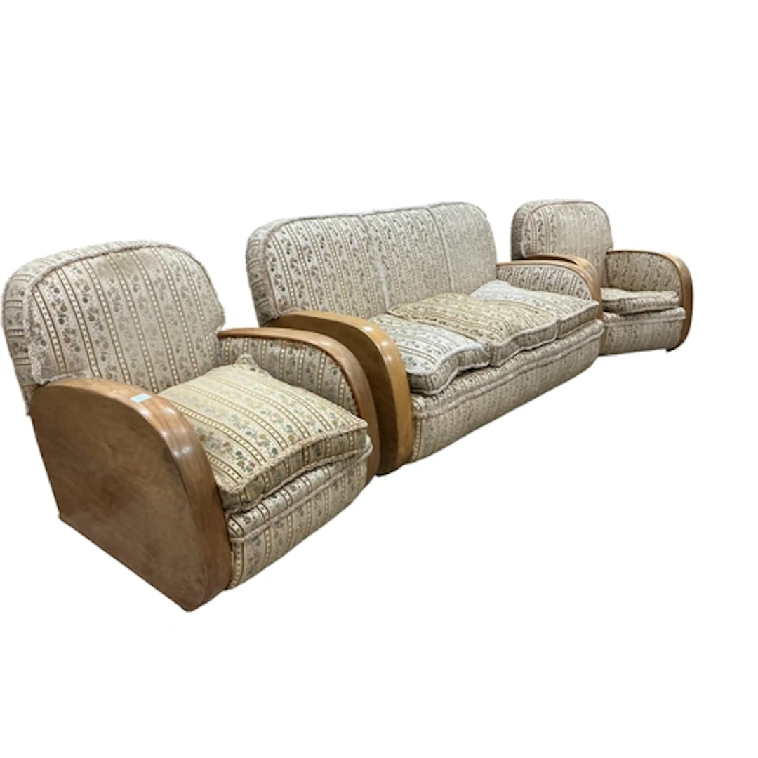 An Art Deco three piece lounge suite, settee width 166cm, de...