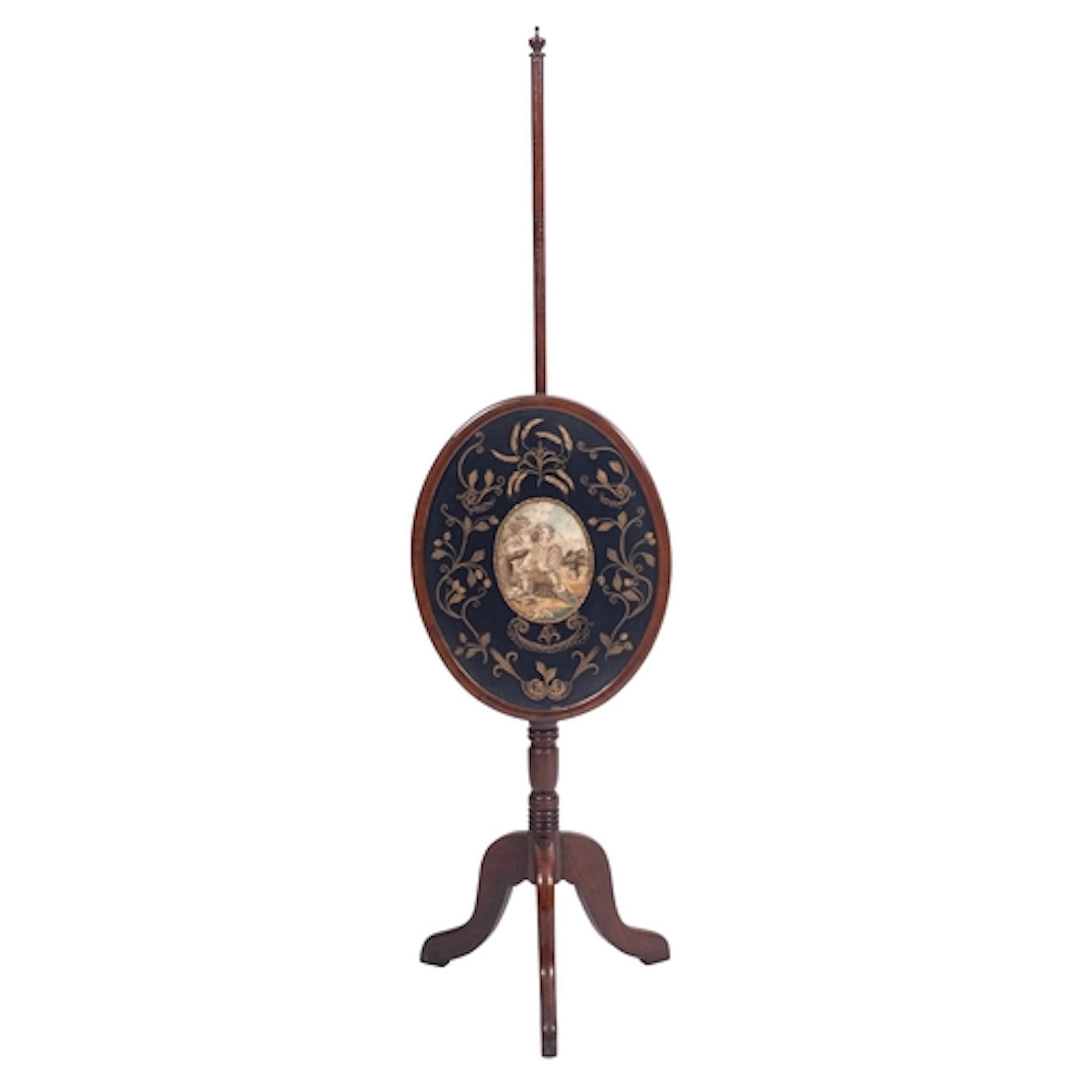 A late George III mahogany and silkwork pole screen, early 1...