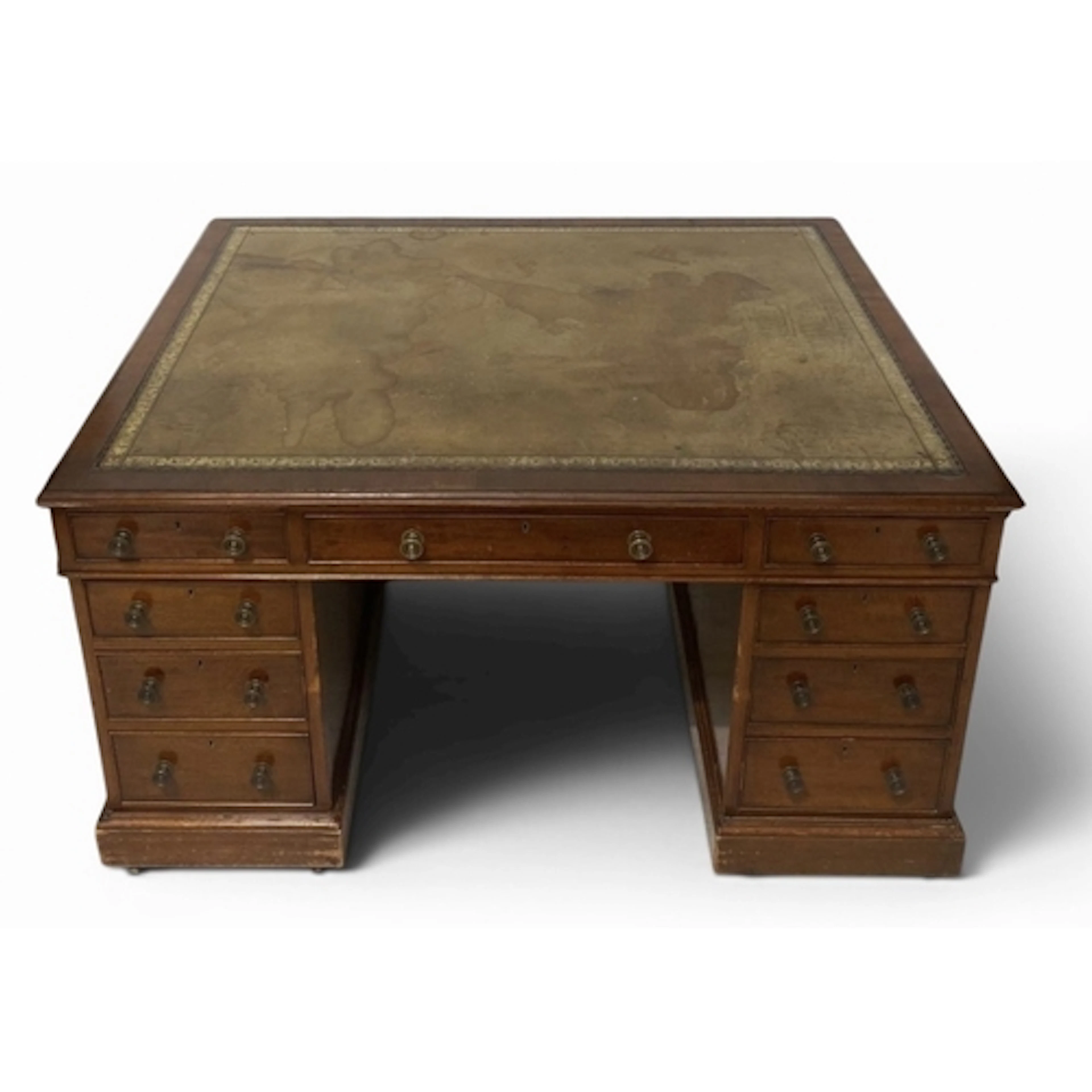 A 19TH C MAHOGANY EIGHTEEN DRAWER PARTNERS DESK WITH TOOLED ...
