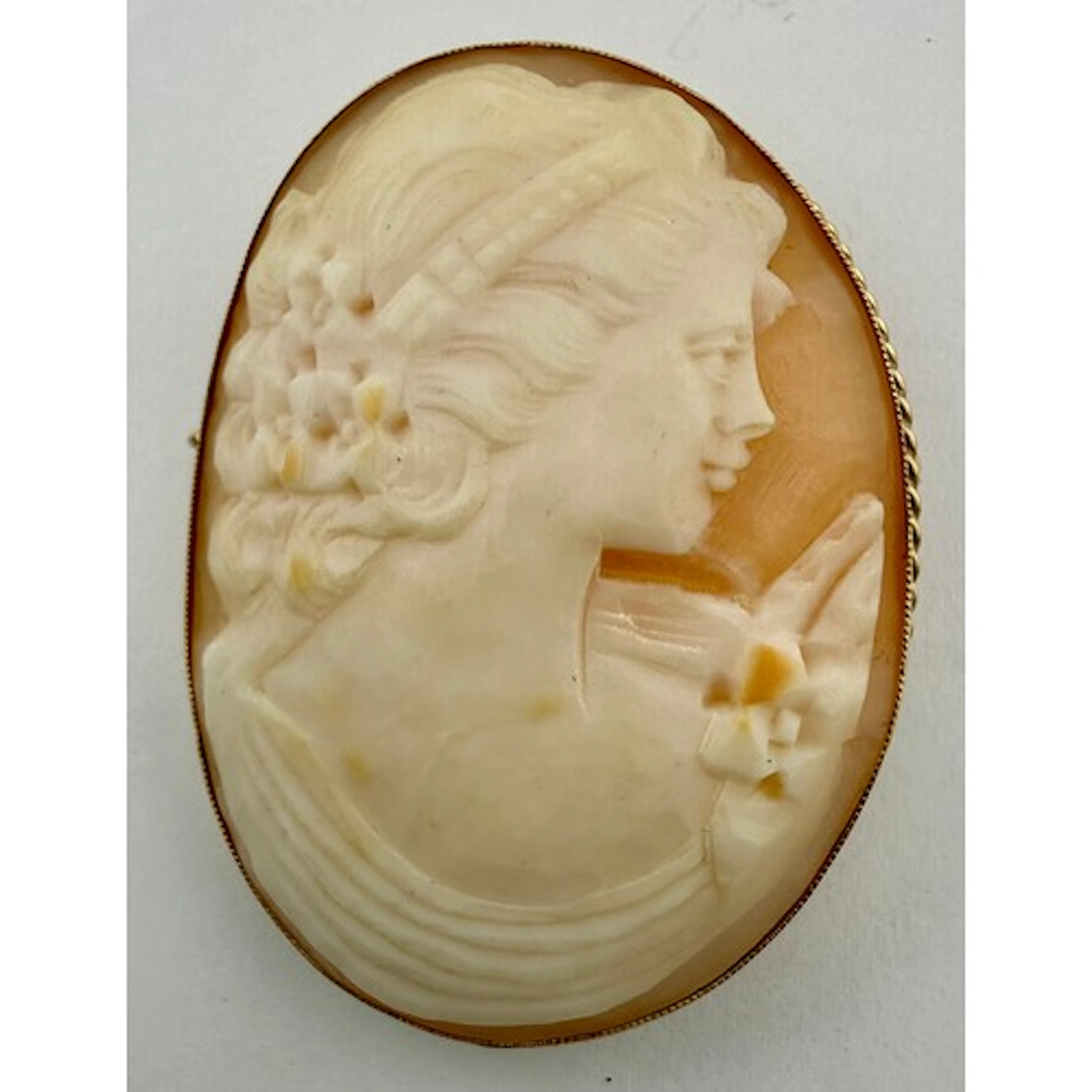A carved shell cameo brooch mounted in 9 carat gold. 5cm x 4...