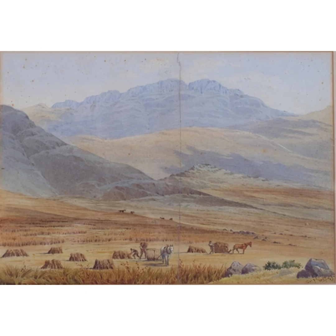 Extensive harvest landscape, 19th century watercolour, signe...