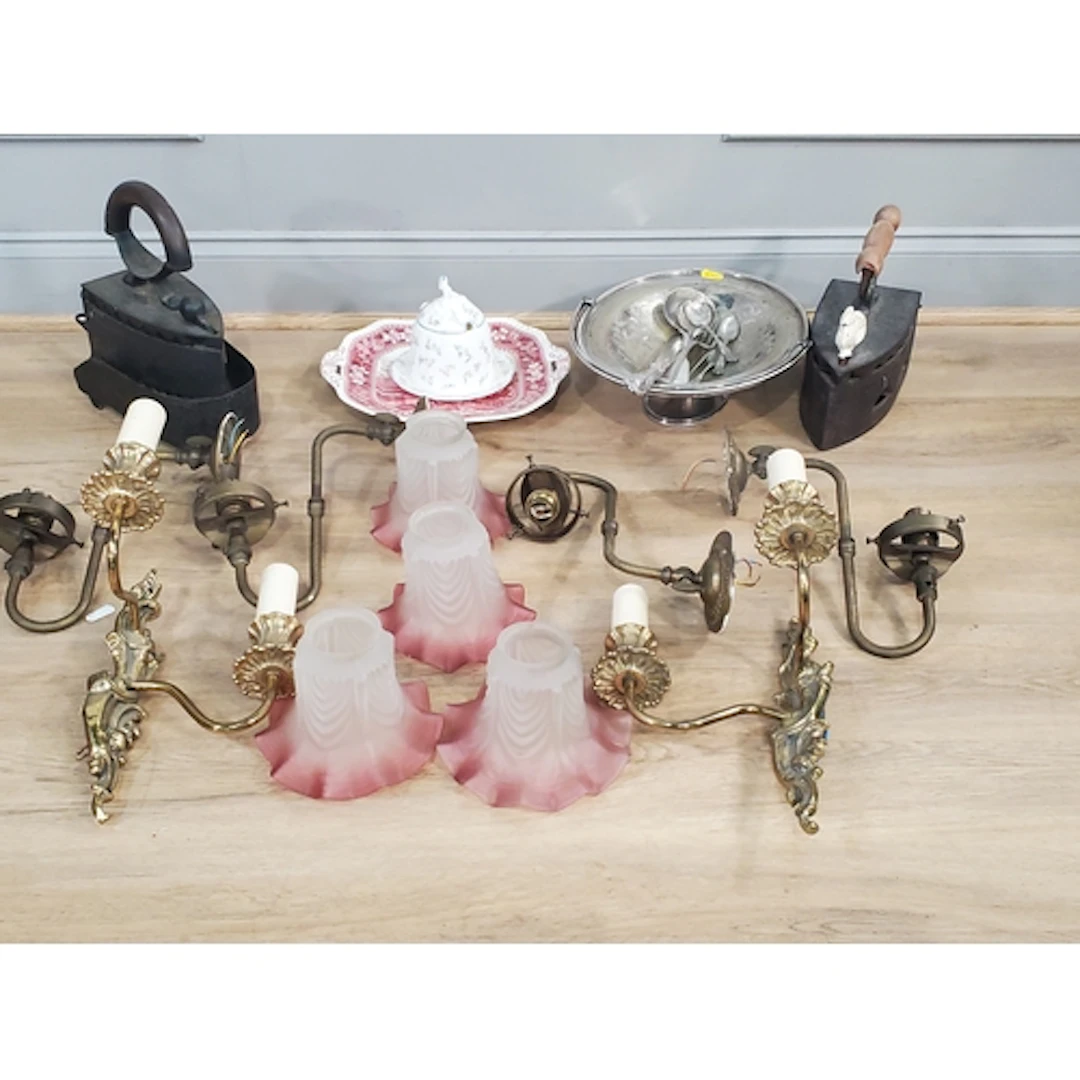 A box containing, Lamp shades, wall lights, plated ware etc,...