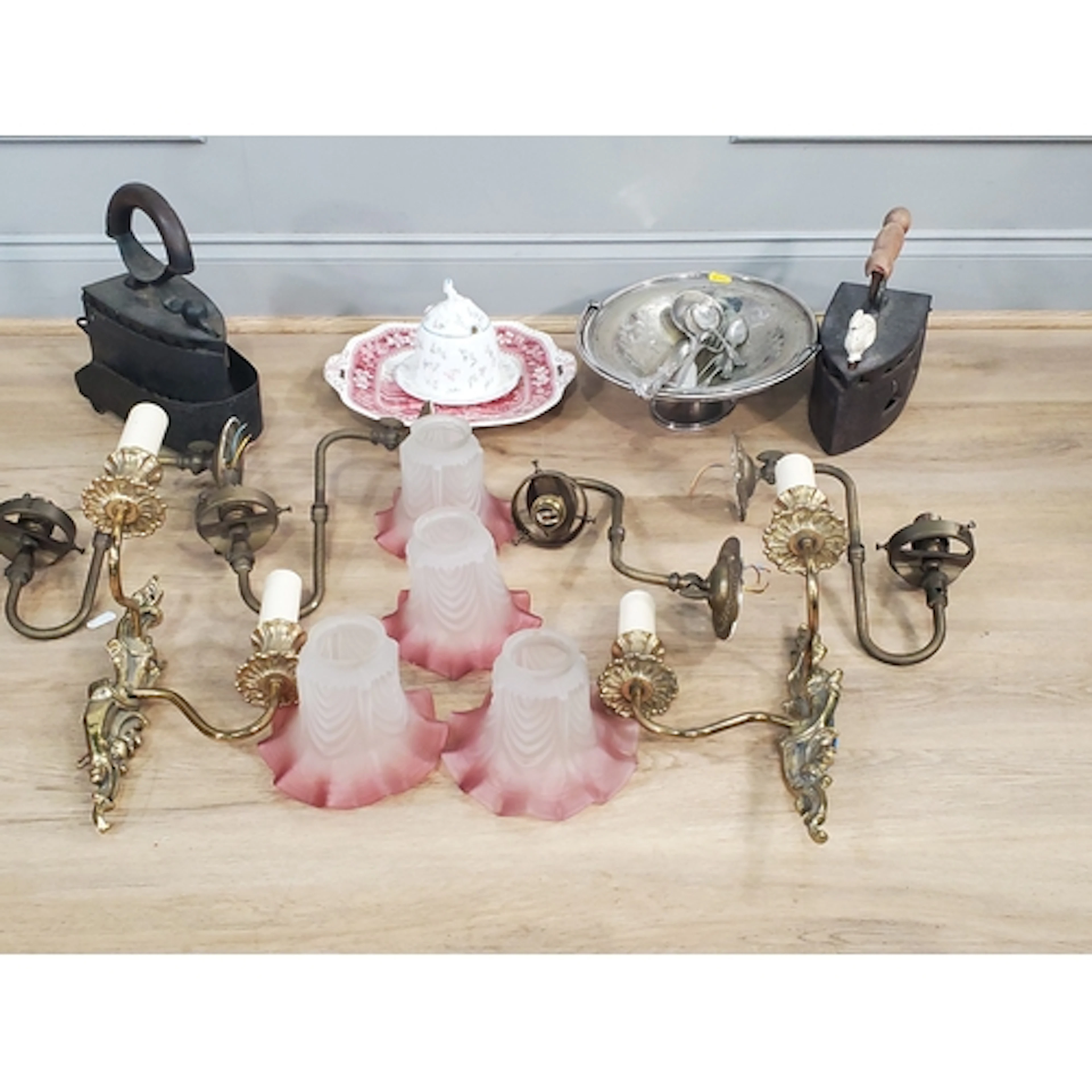 A box containing, Lamp shades, wall lights, plated ware etc,...