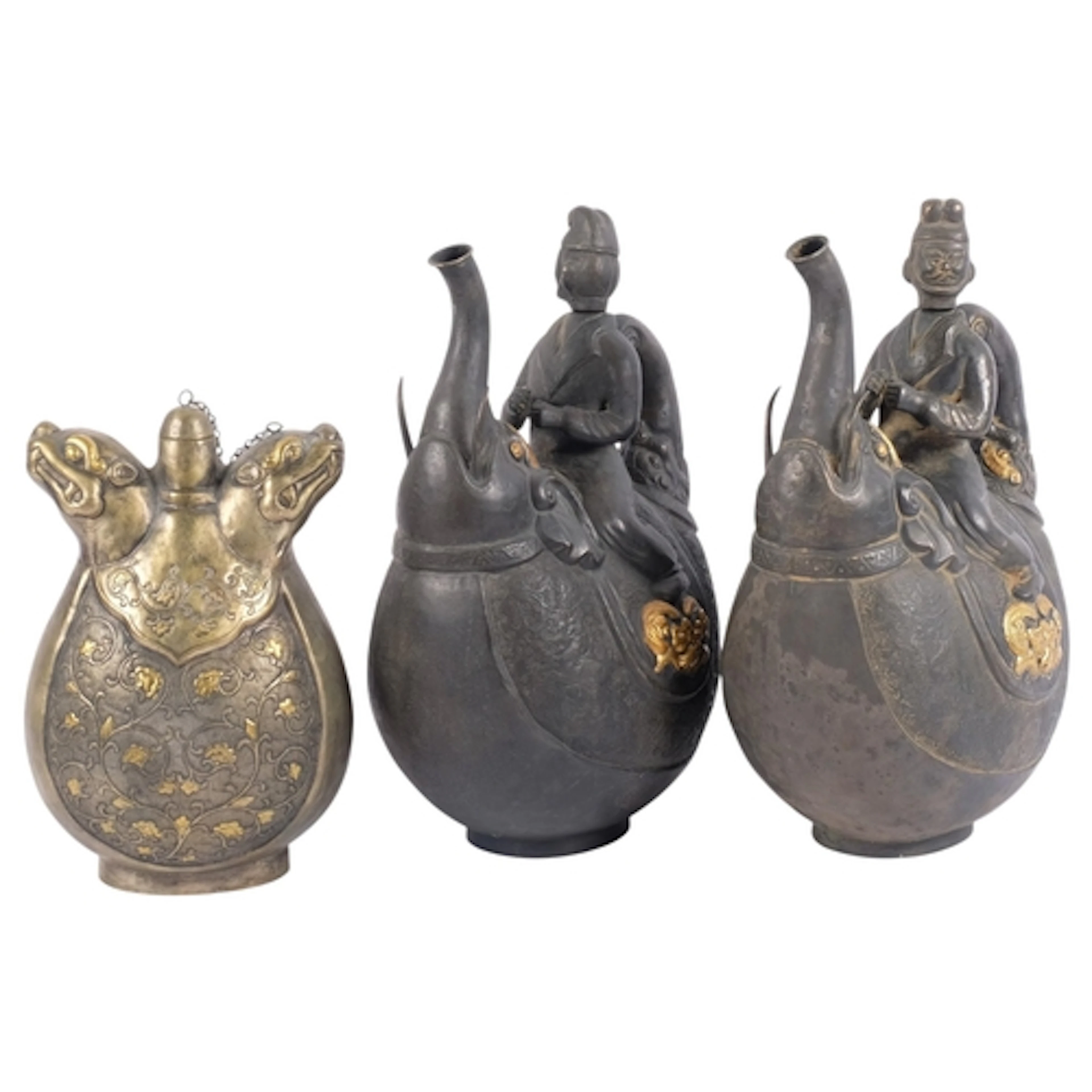 3 pair South East Asian ewers, in the form of elephant rider...