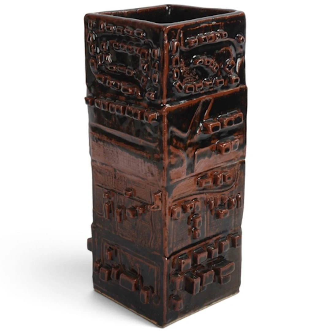 A brutalist studio pottery stoneware slab vase, with applied...