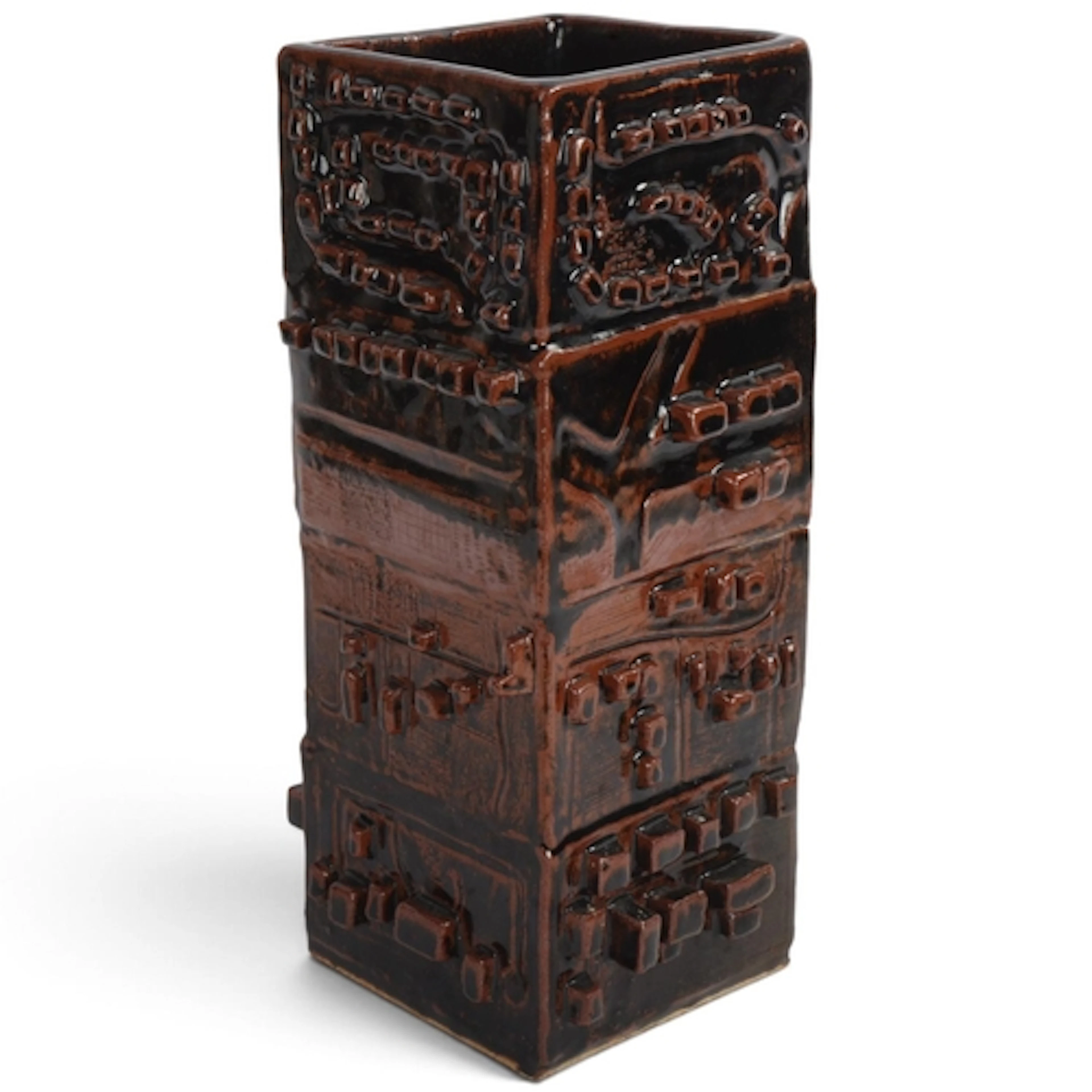 A brutalist studio pottery stoneware slab vase, with applied...