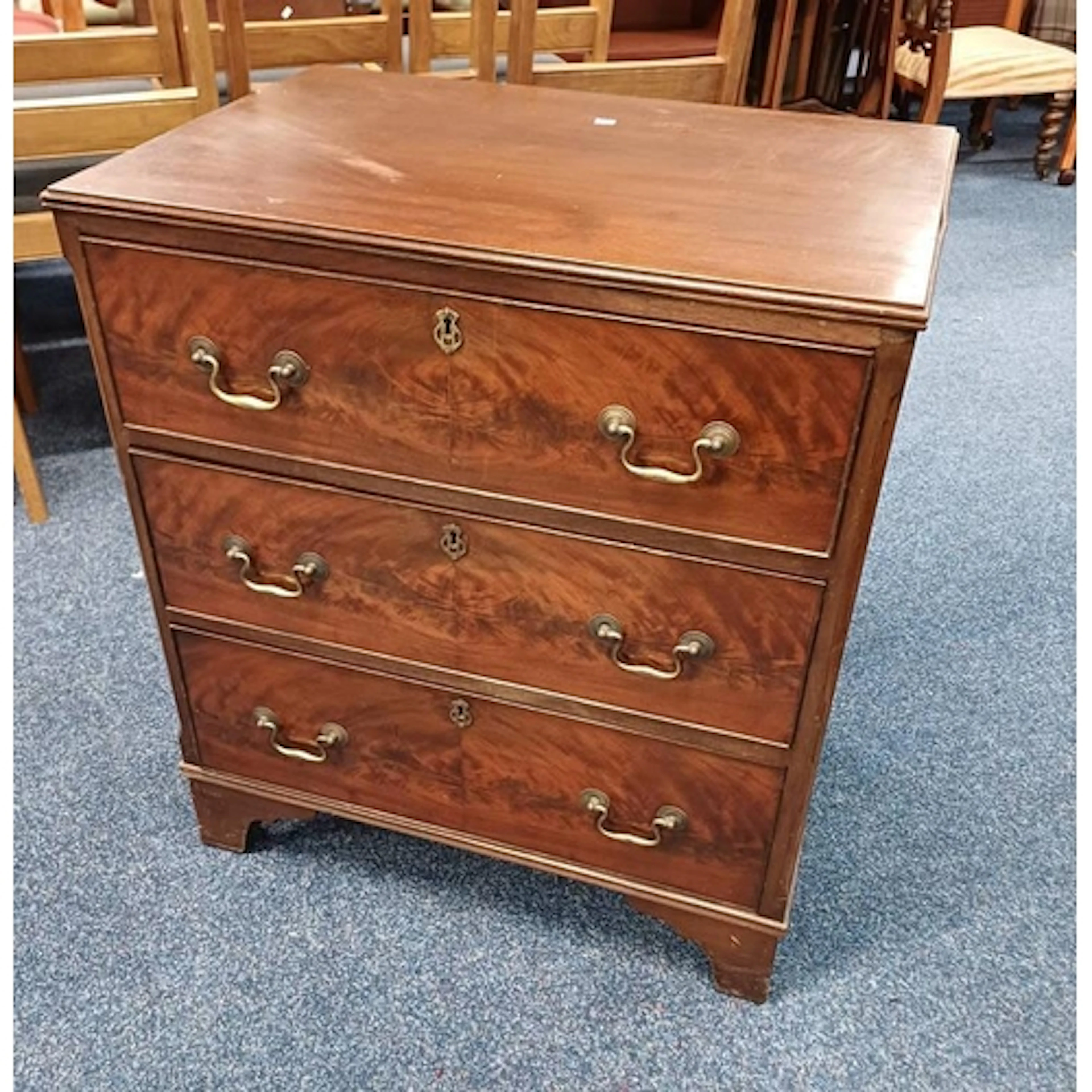 LATE 19TH OR EARLY 20TH CENTURY MAHOGANY 3 DRAWER CHEST ON B...