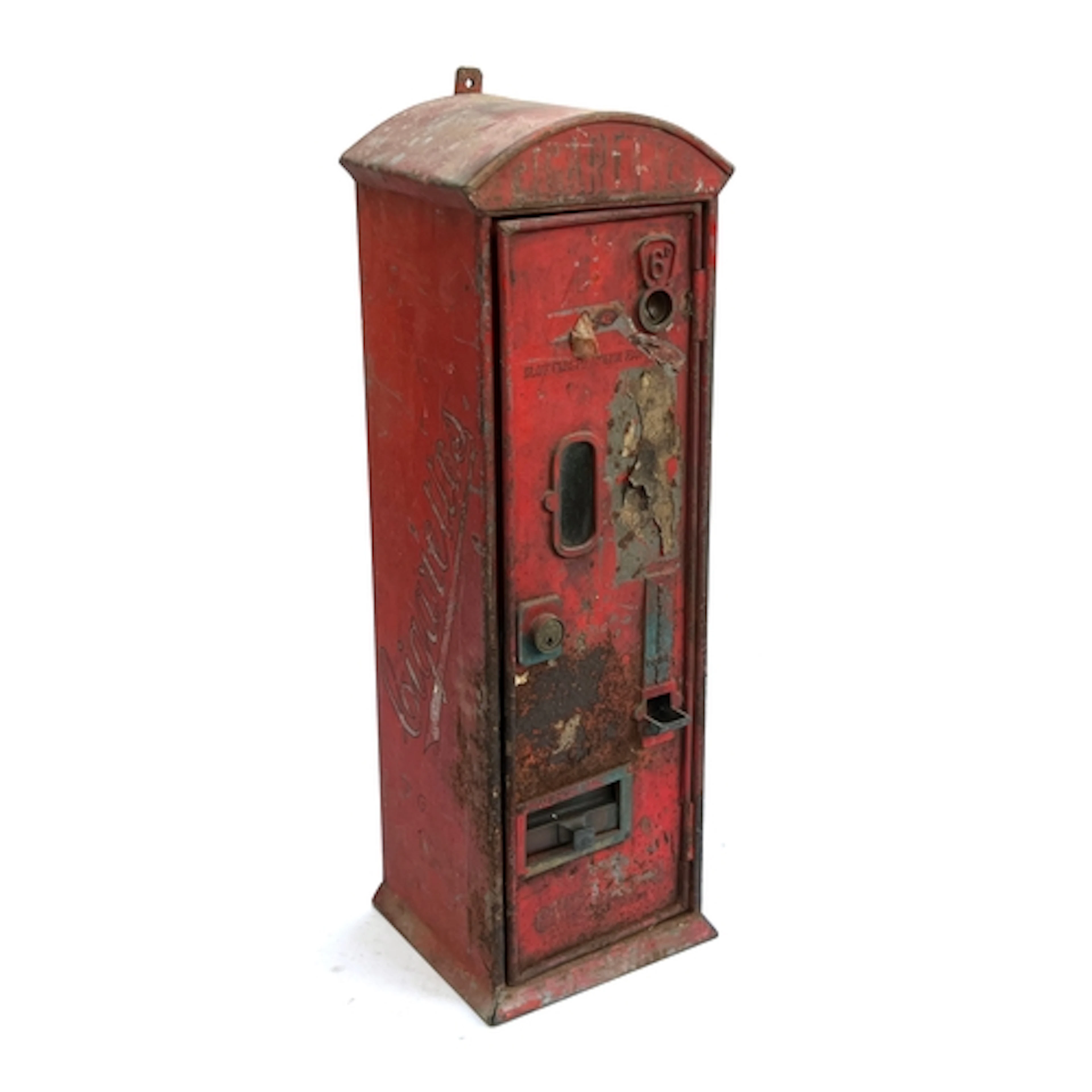 A vintage wall mounted red painted cigarette dispenser 65cmH