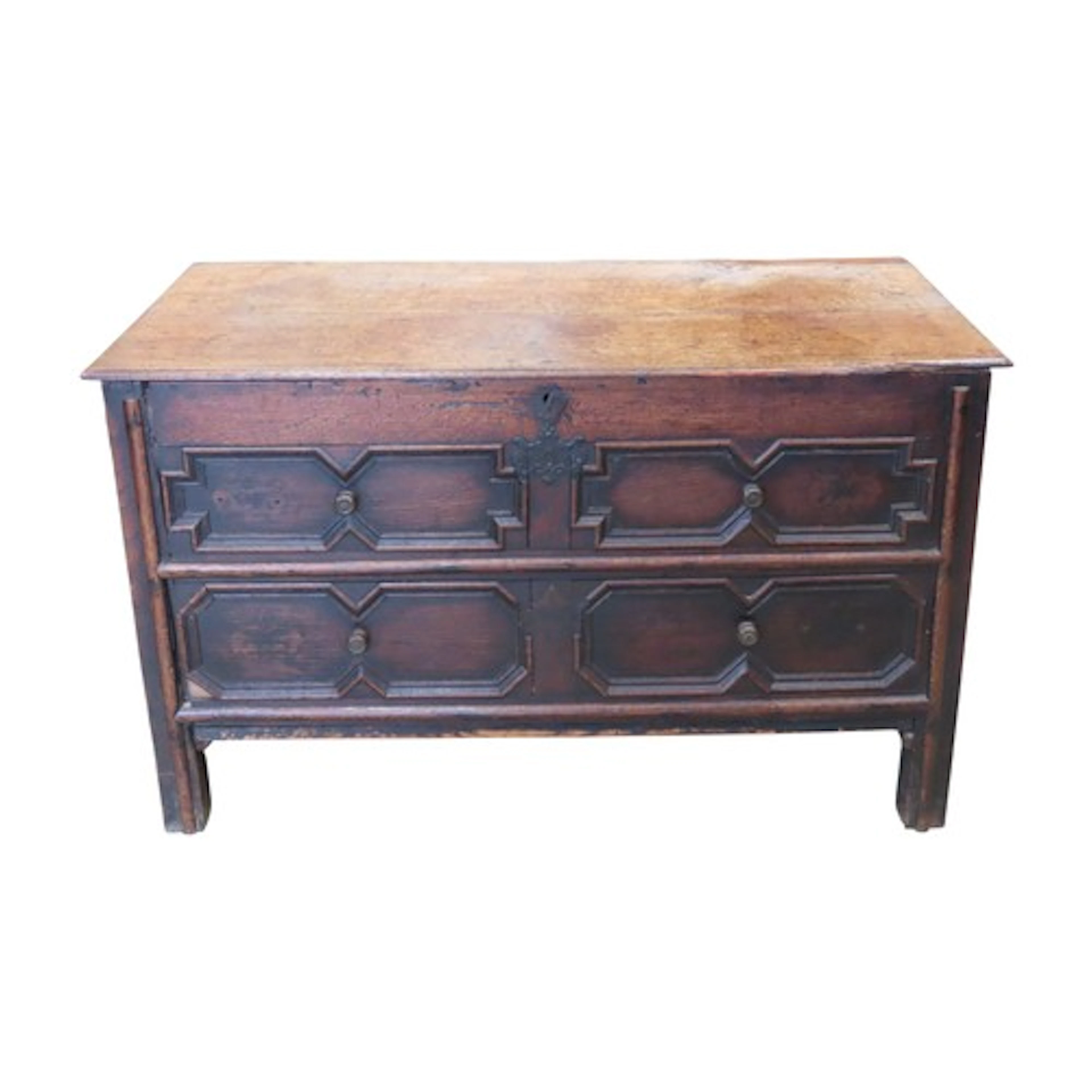 An antique oak coffer the front elevation disguised as draw...
