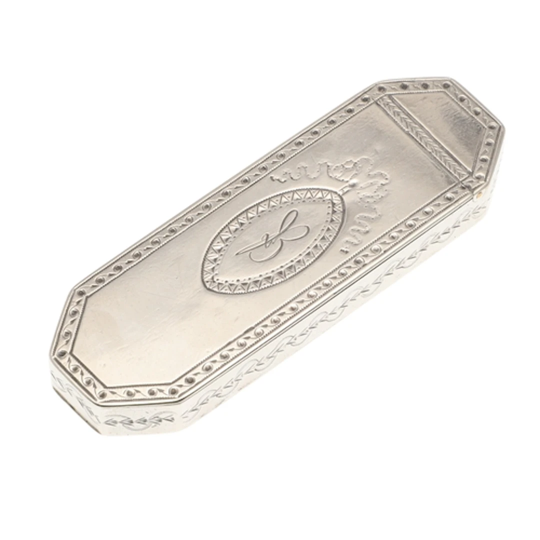 A GEORGE III SILVER TOOTHPICK BOX. Of chamfered rectangular ...