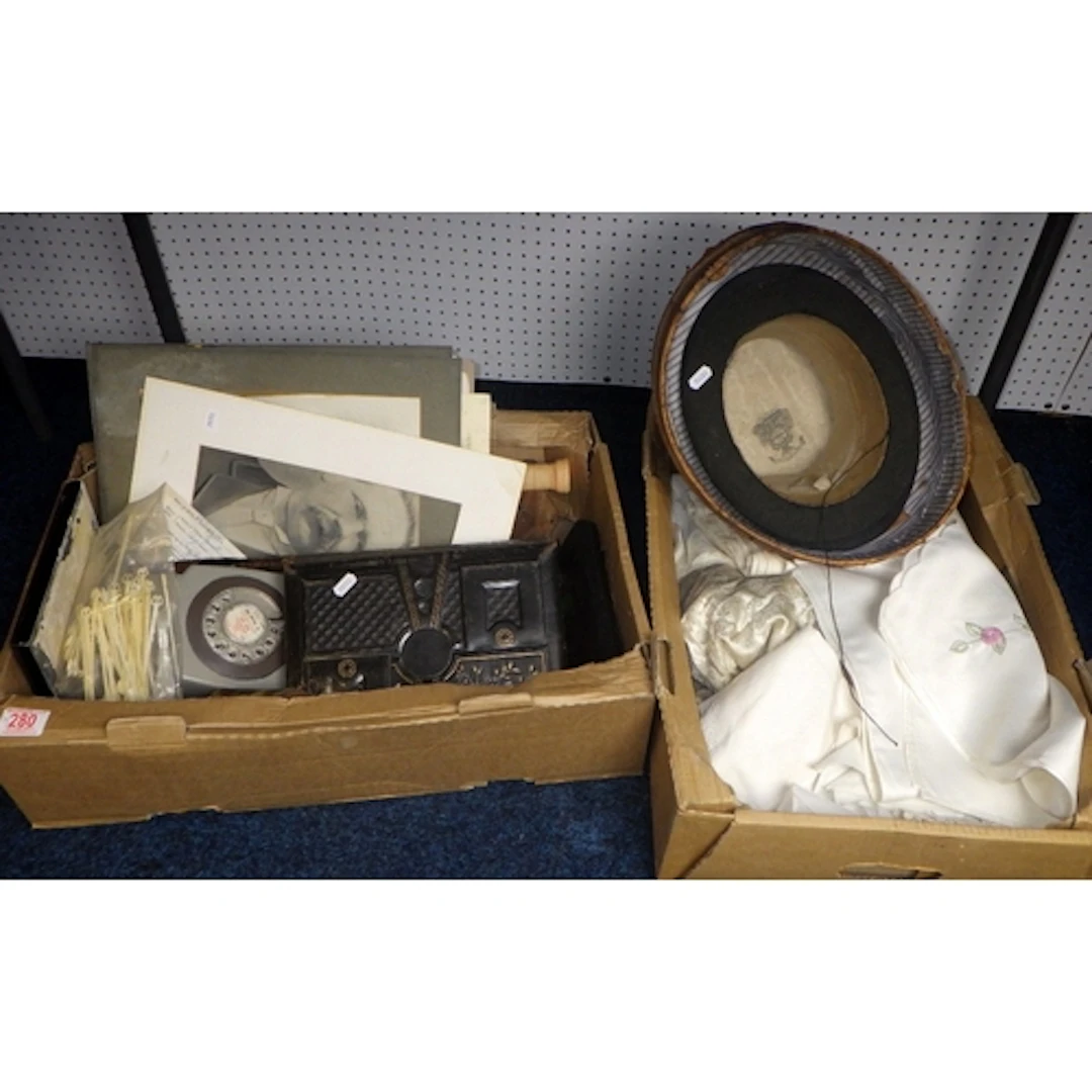 A qty of linen together with a box of misc collectables (2)
